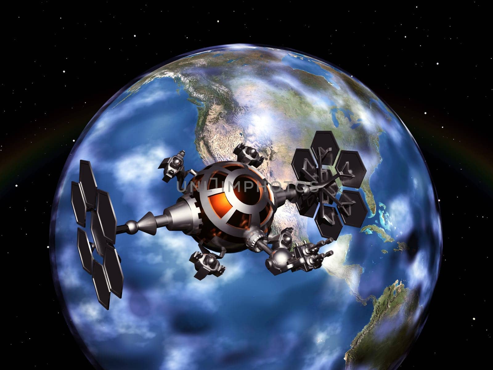 Computer-generated 3D illustration with Earth and a space probe