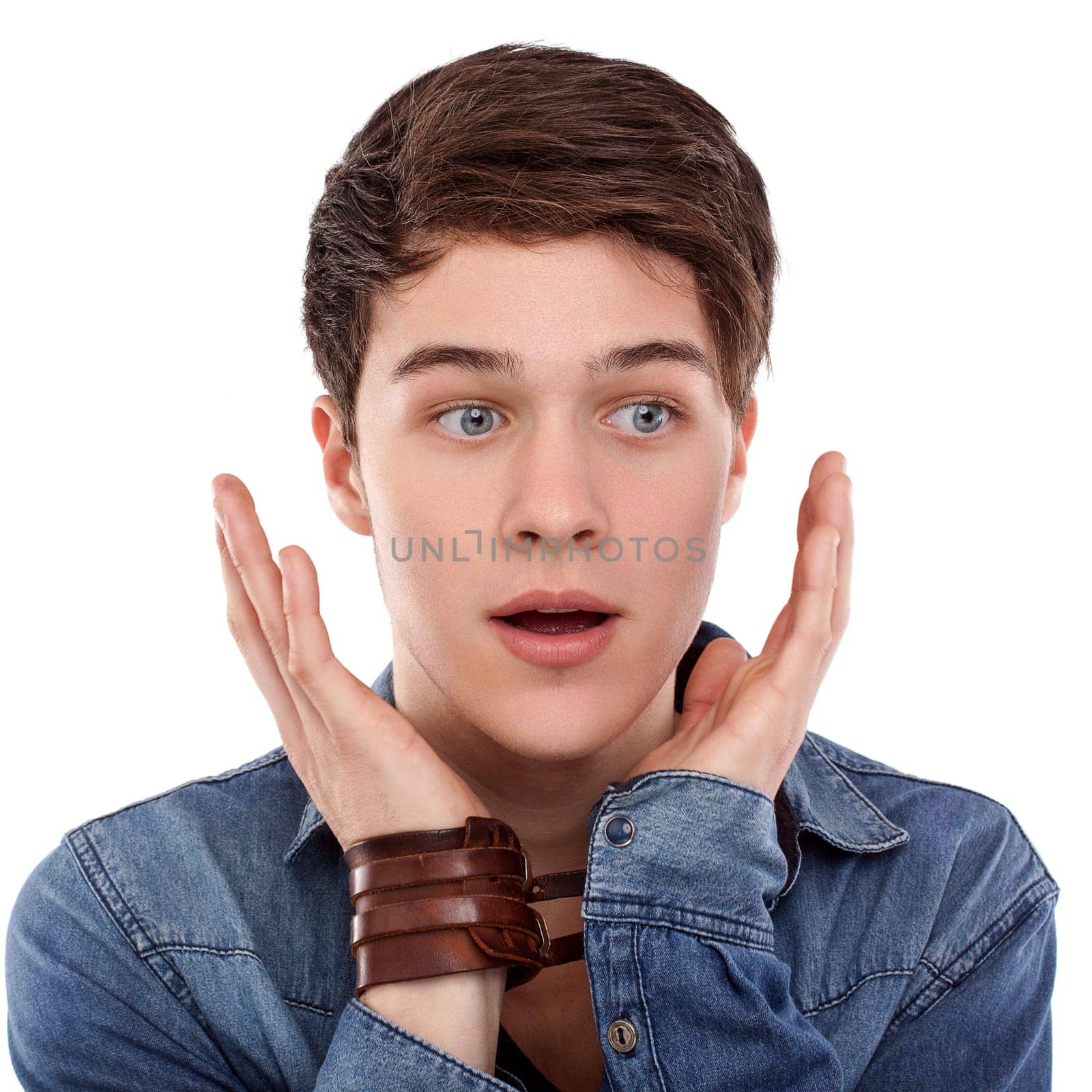 Young man surprised with open hands and mouth