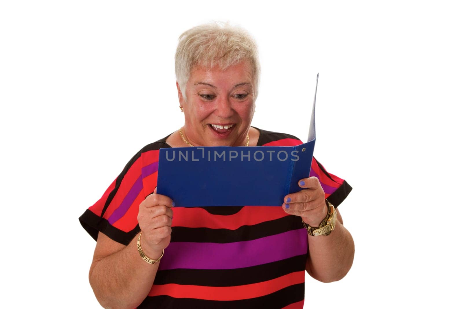 Carefree senior citizen with bank statement folder - cropped on white background