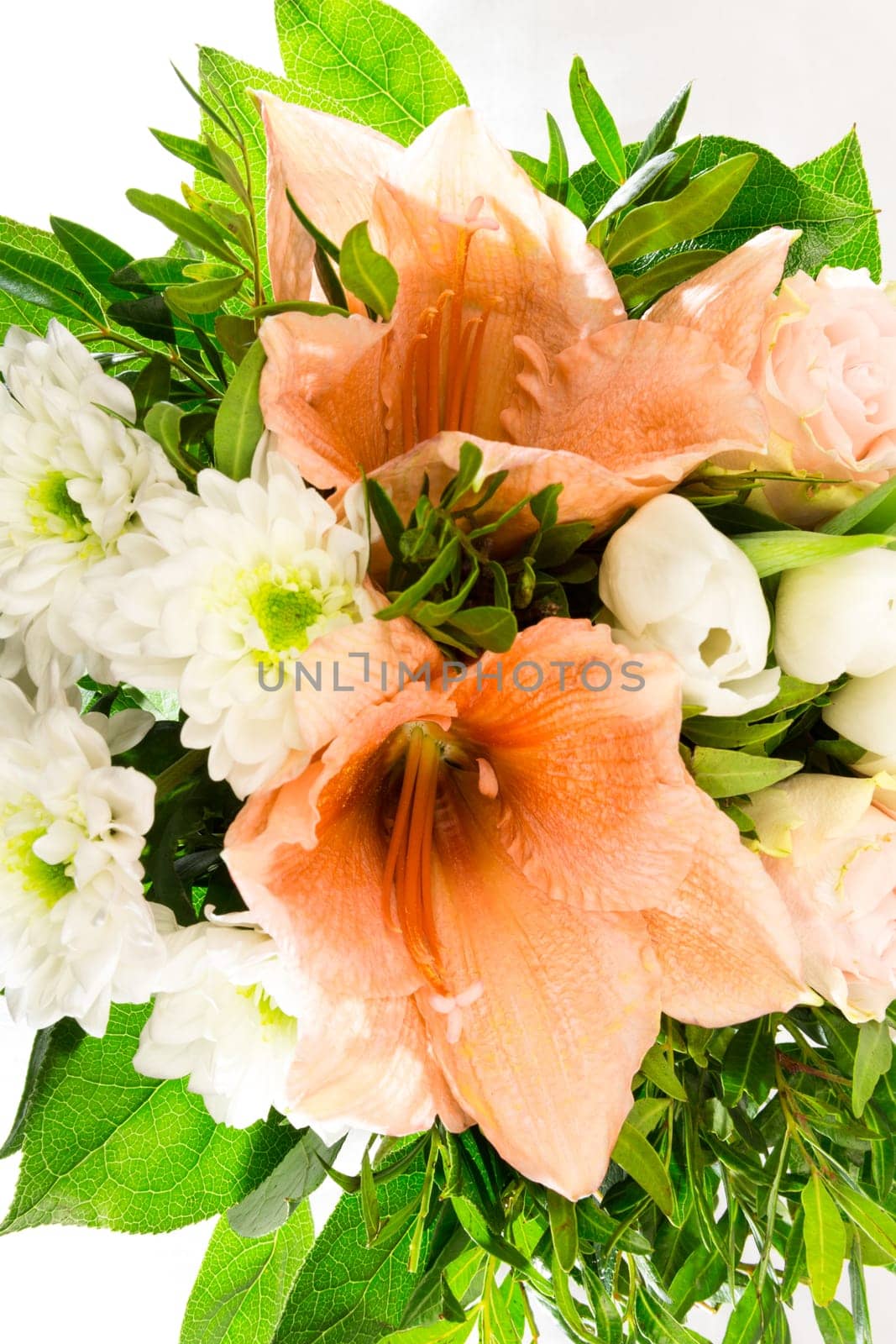 A bouquet of roses,amaryllis and chrysanthemums,top view