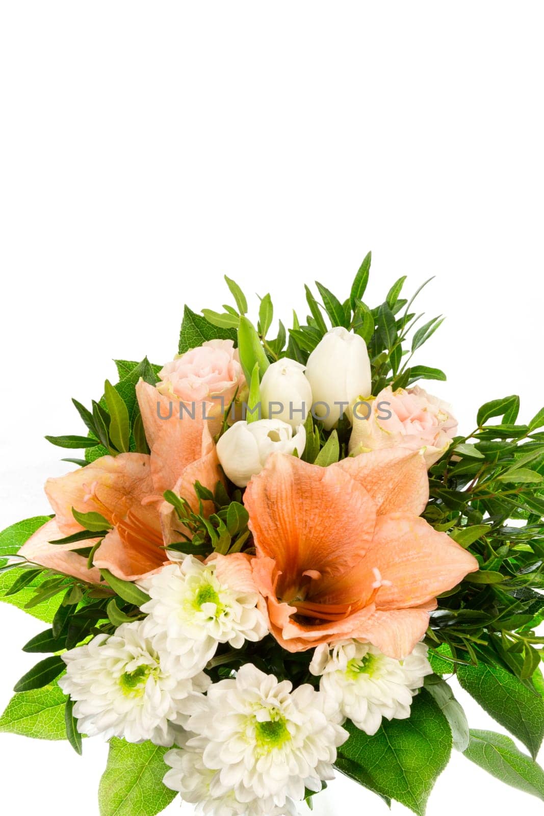 A bouquet of roses,amaryllis and chrysanthemums