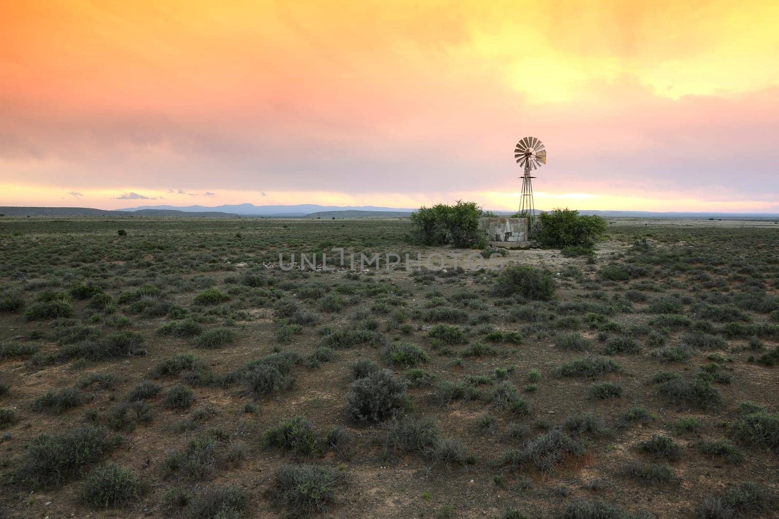 Wide open farm land with a water windmill pump at sunset in the Karoo in South Africa