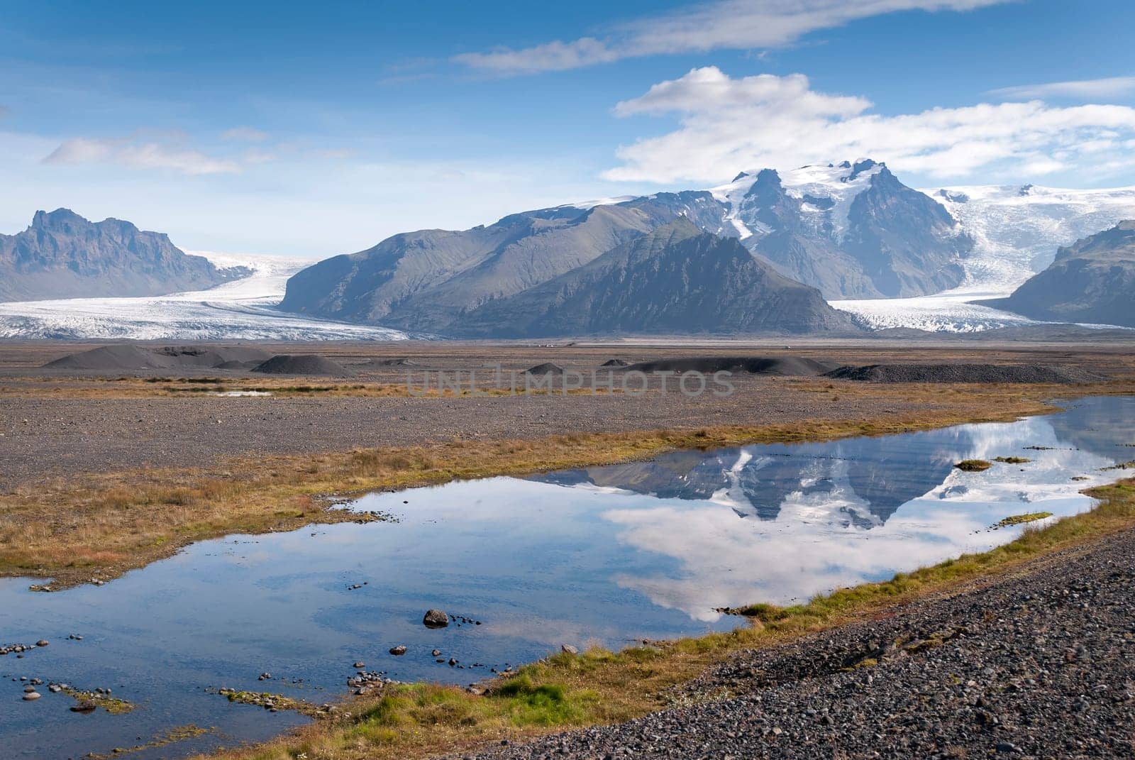 Glacier in Iceland reflected in a river