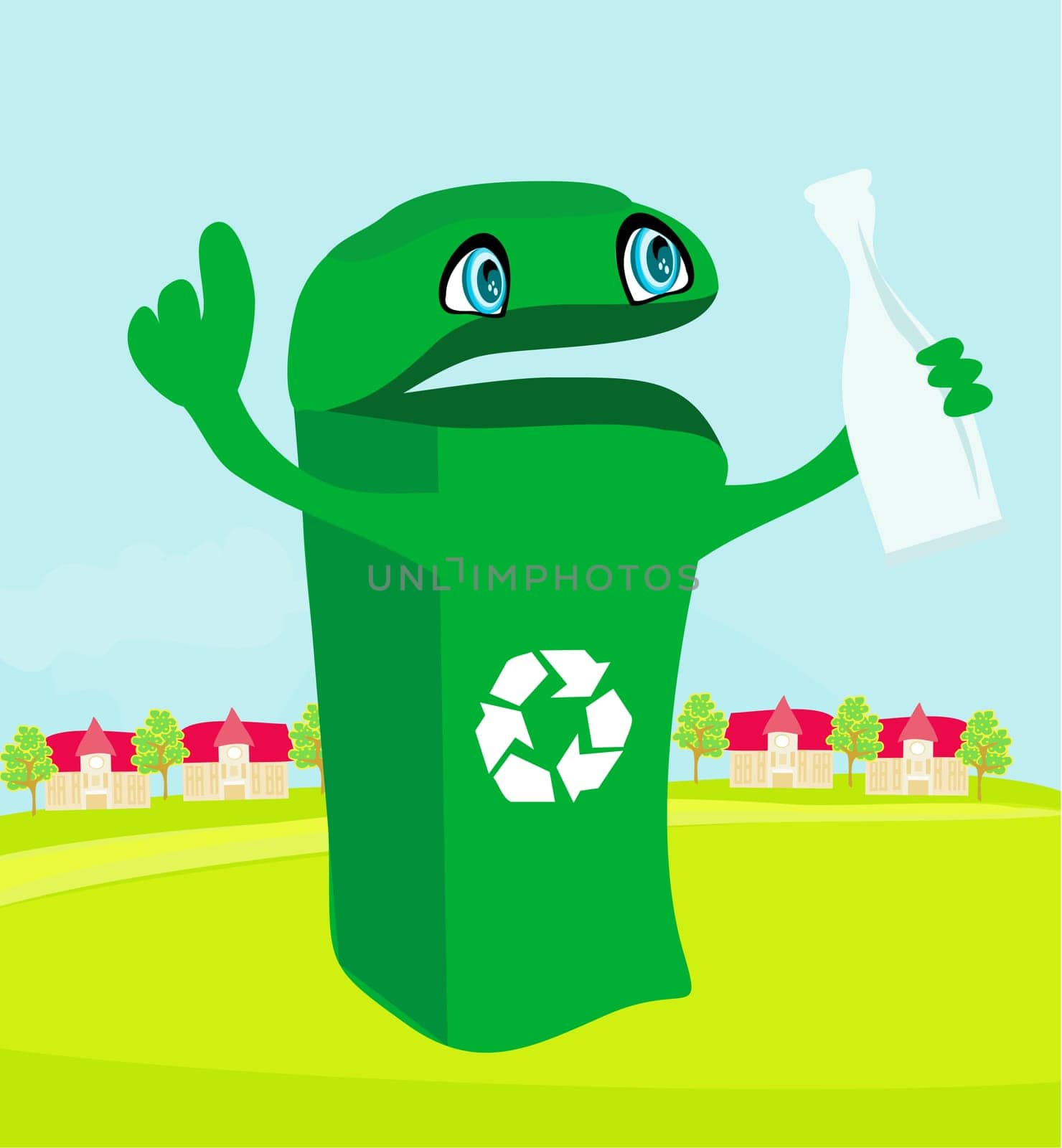 funny recycling bin holds a glass bottle