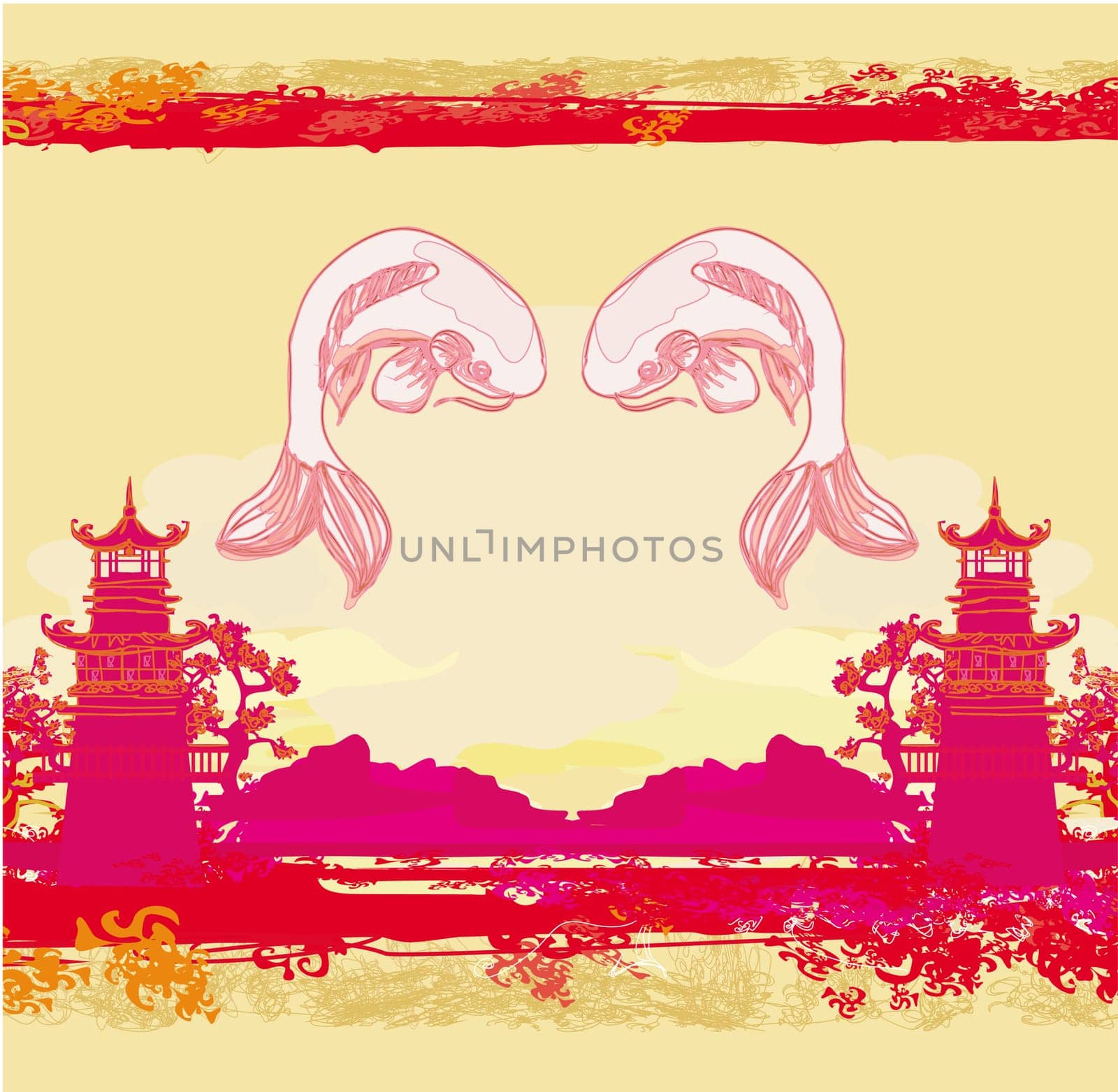 japanese koi and ancient building background
