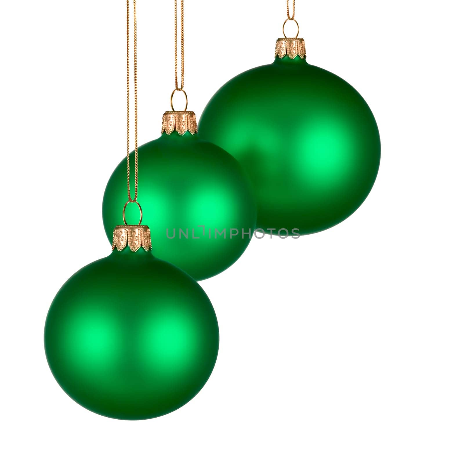 Three green Christmas baubles in a simple arrangement on a pure white background