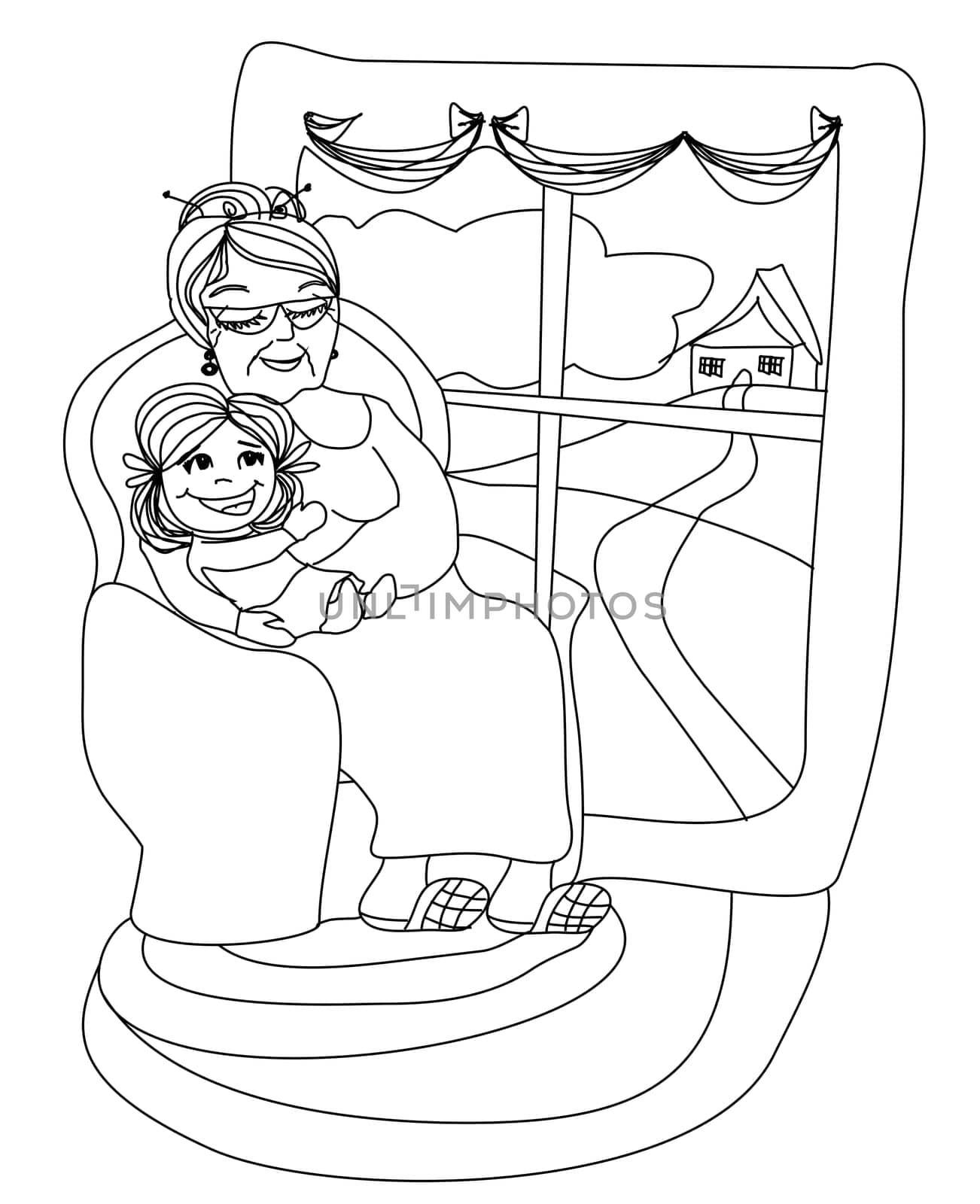 grandmother hugs her granddaughter - hand drawn illustration