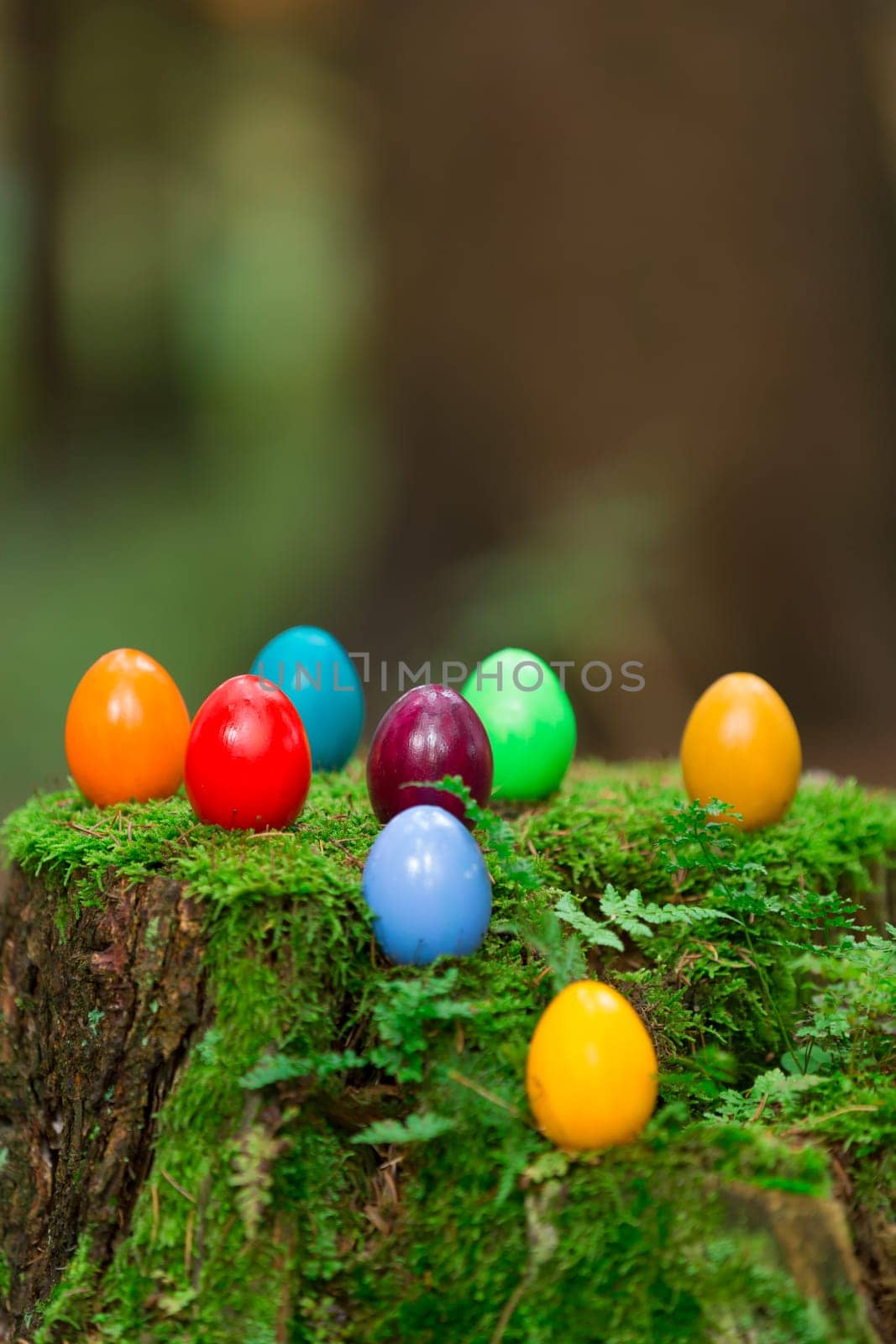 Colorful Easter eggs on a tree stump