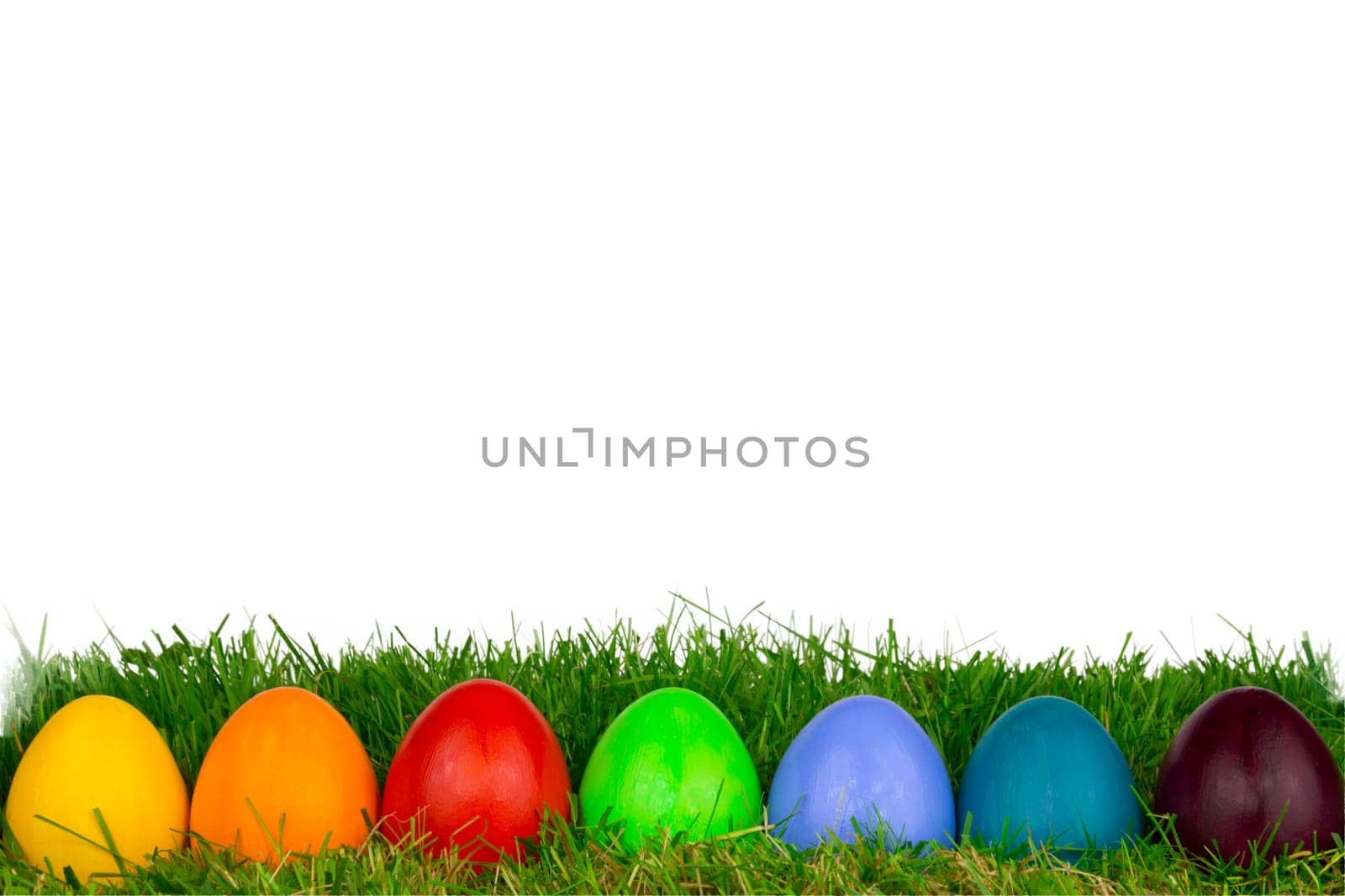 Colourful Easter eggs in a row on a meadow