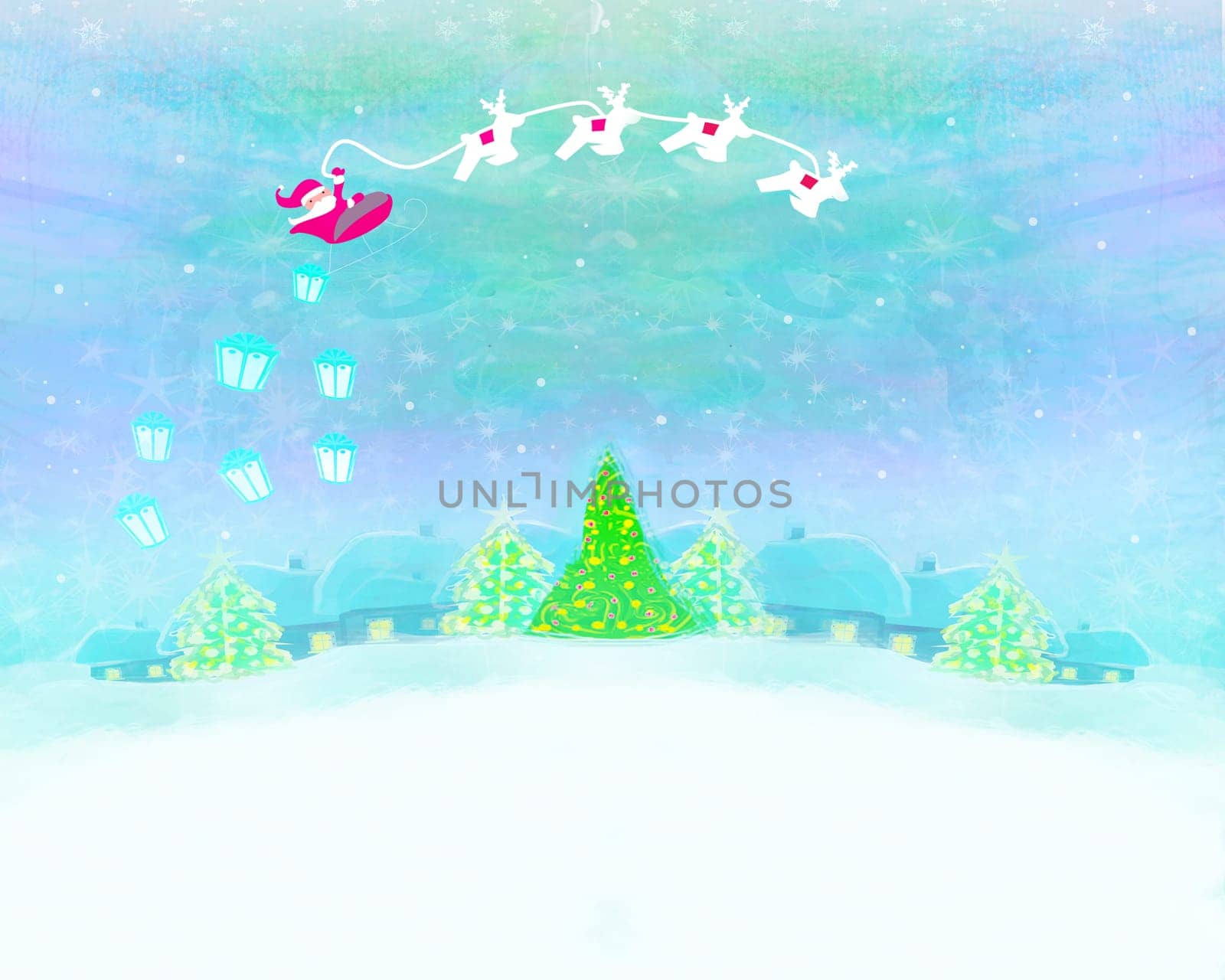 The santa claus flying with the sack full of presents