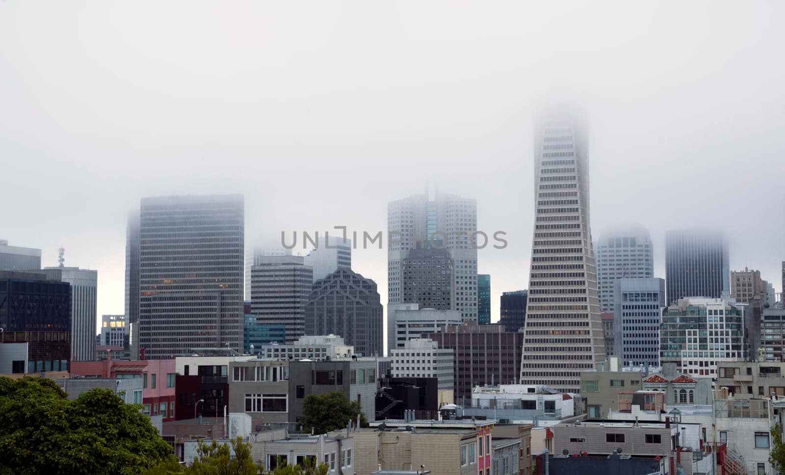 Heavy fog lingers over the Trans America building in San Francisco