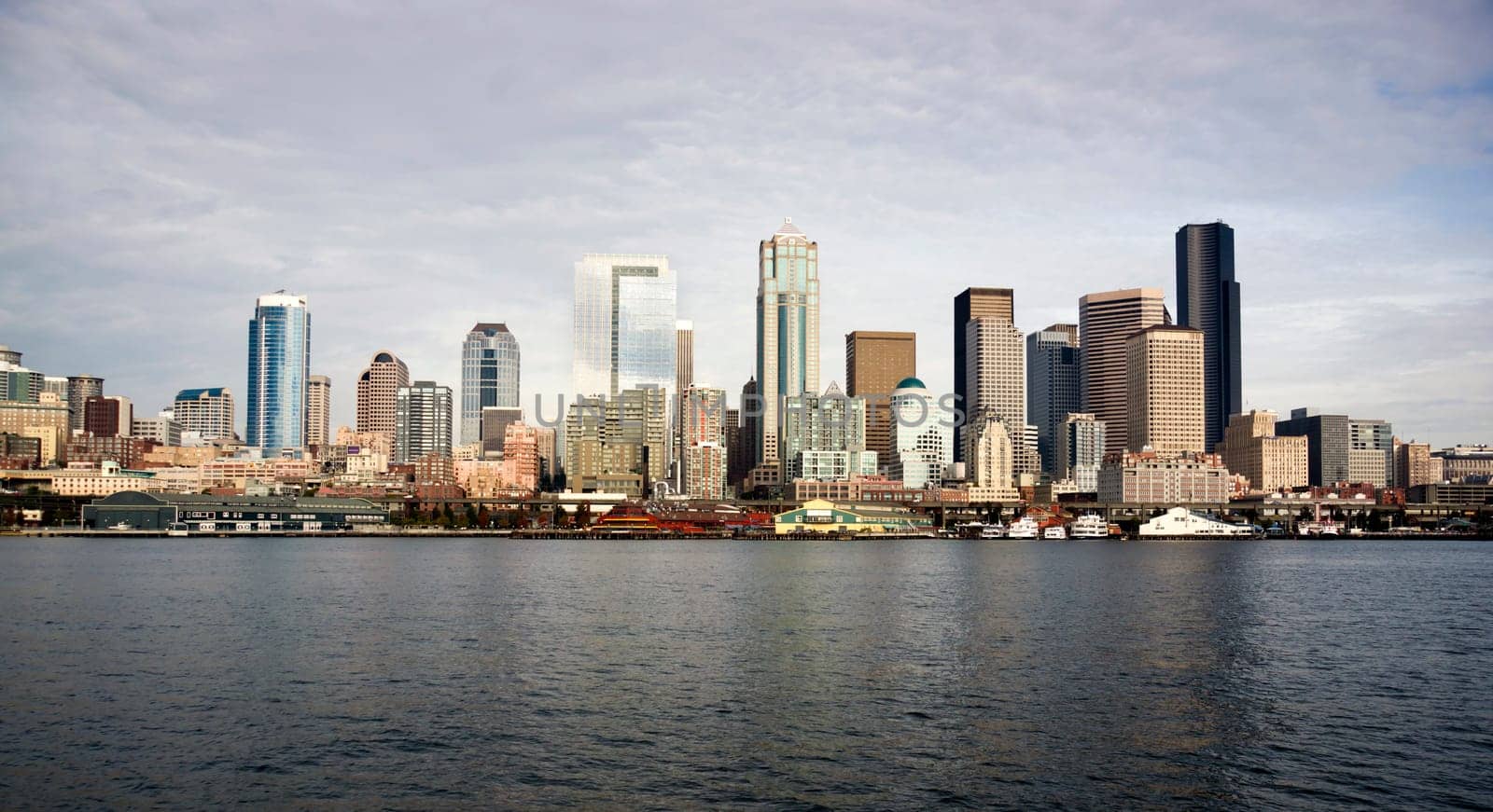 The view of Seattle from the lower deck of an eastbound ferry boat