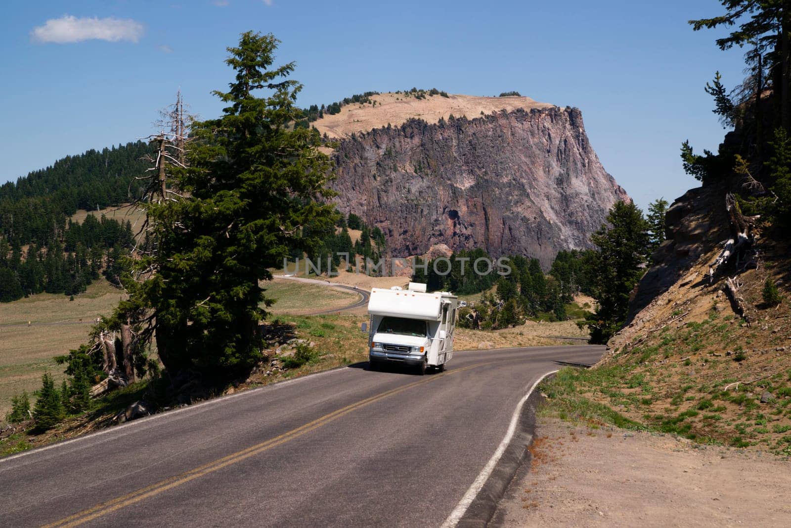 An RV moves down the highway in the Northwest