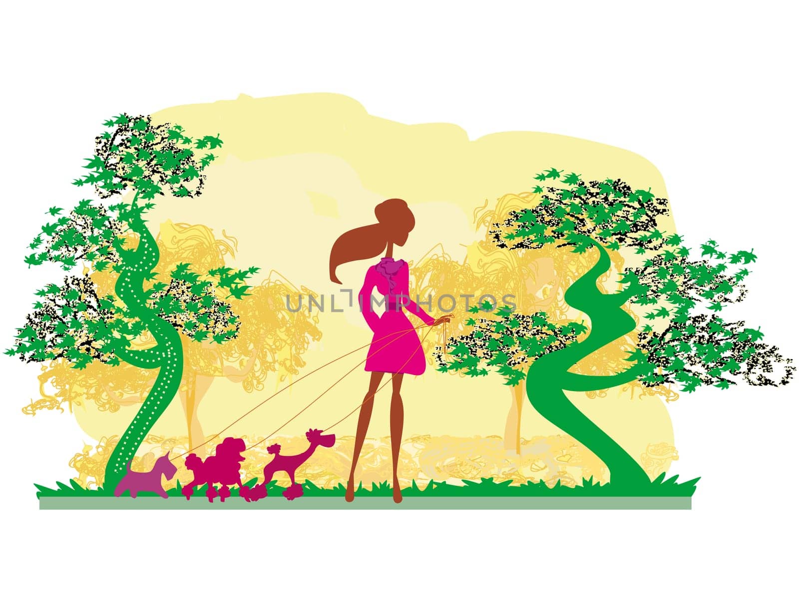 Girl walking with her dogs in autumn landscape.