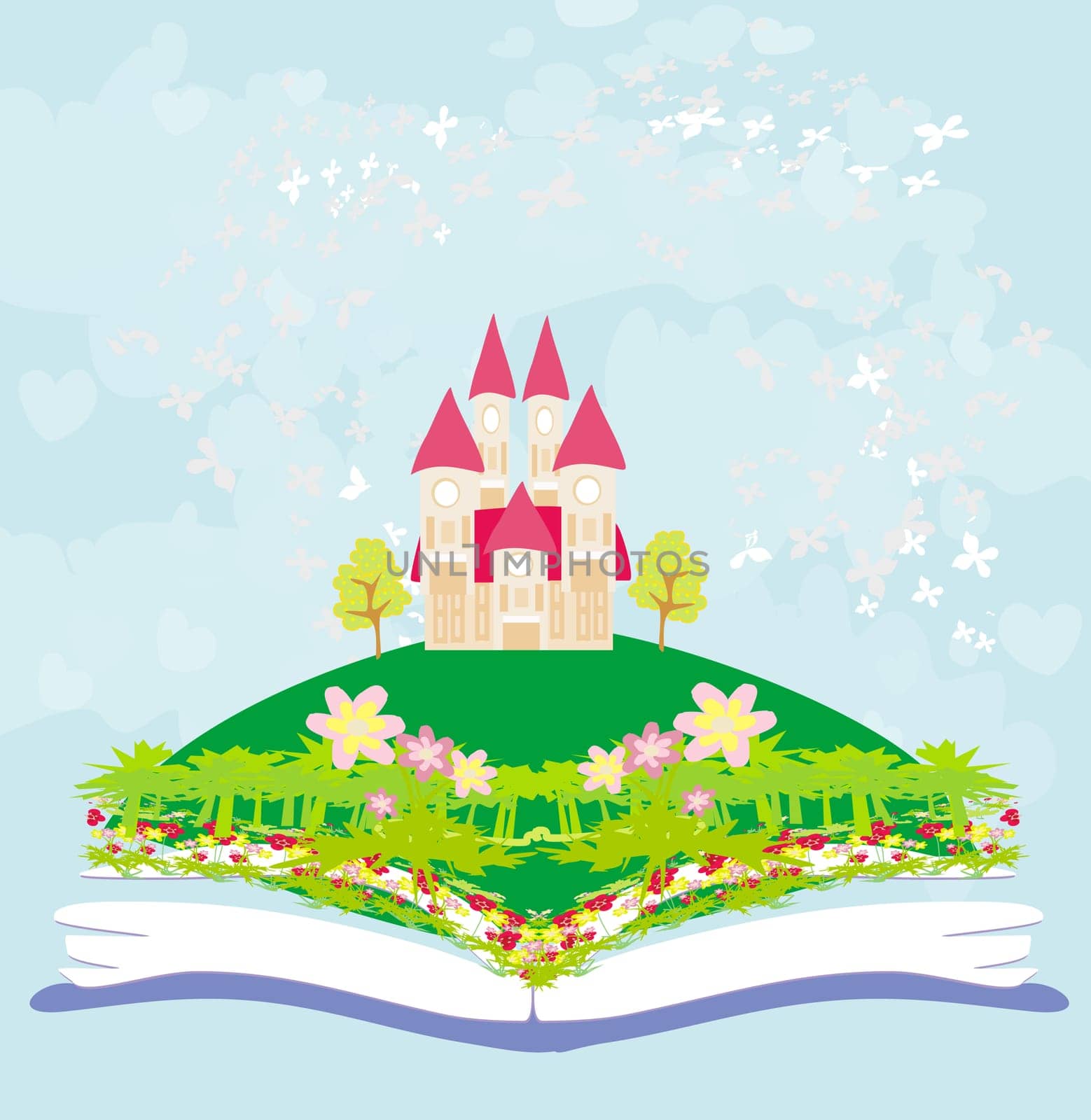 Magic world of tales, fairy castle appearing from the book