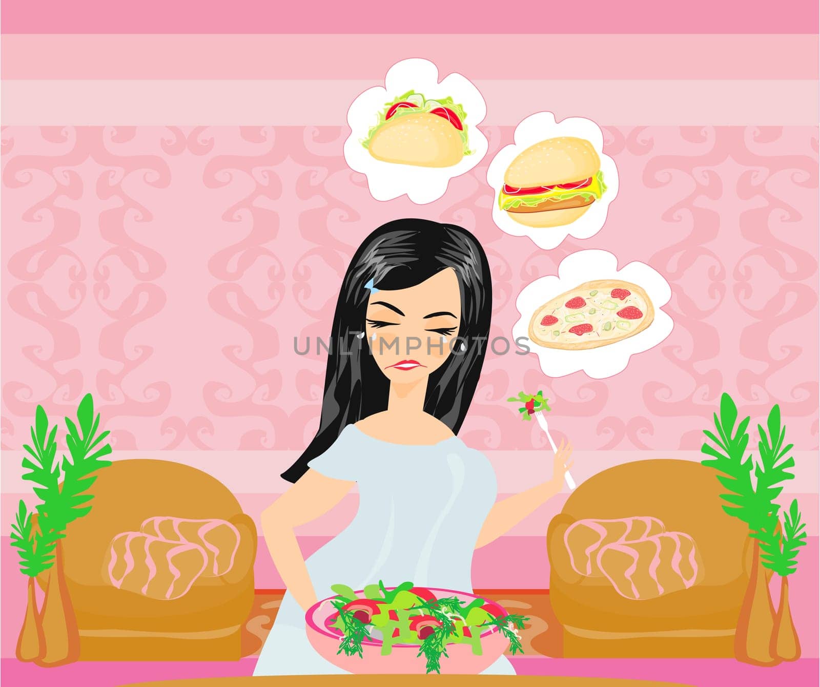 overweight girl eats a salad but dreams of eating fast food