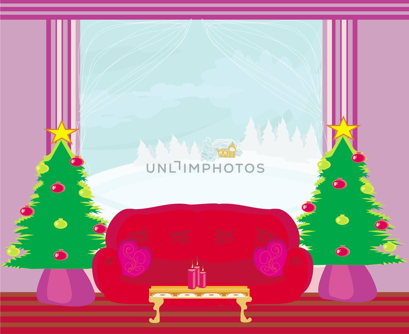 Fashionable interior of living room with Christmas tree