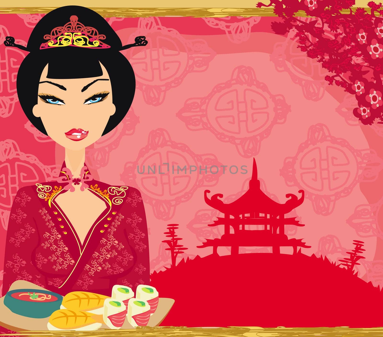 Traditional japanese pretty girl enjoy sushi.