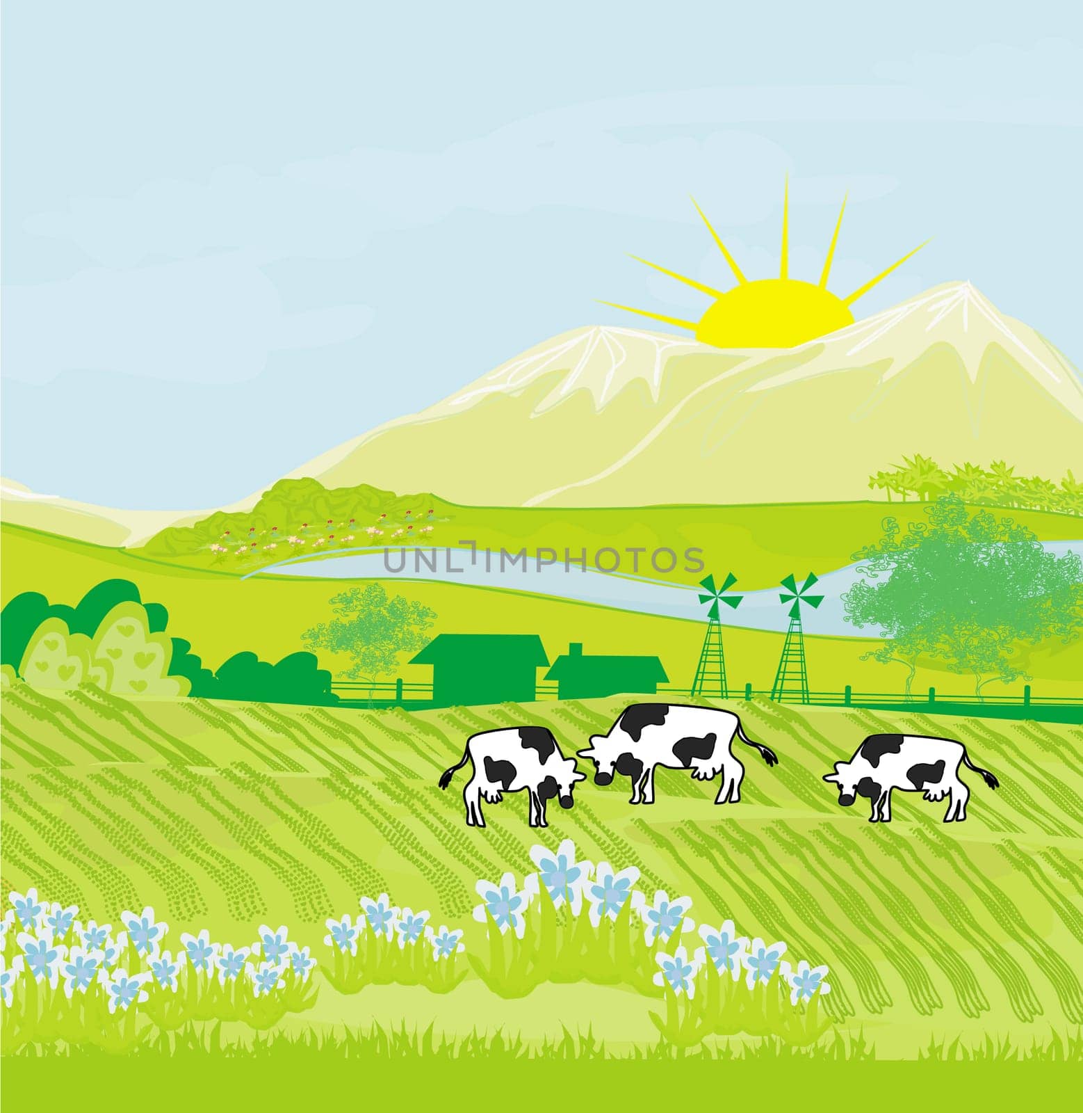 Cows grazing in green meadow