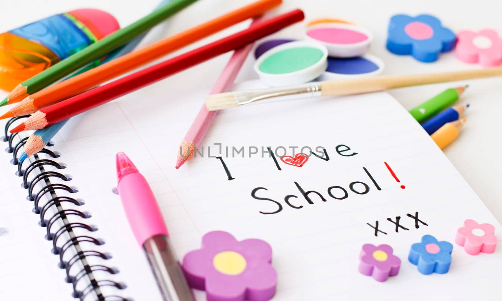 Different accessories for school on white background