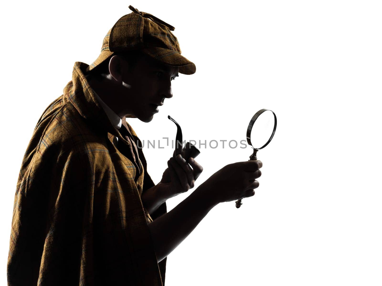 sherlock holmes silhouette in studio on white background