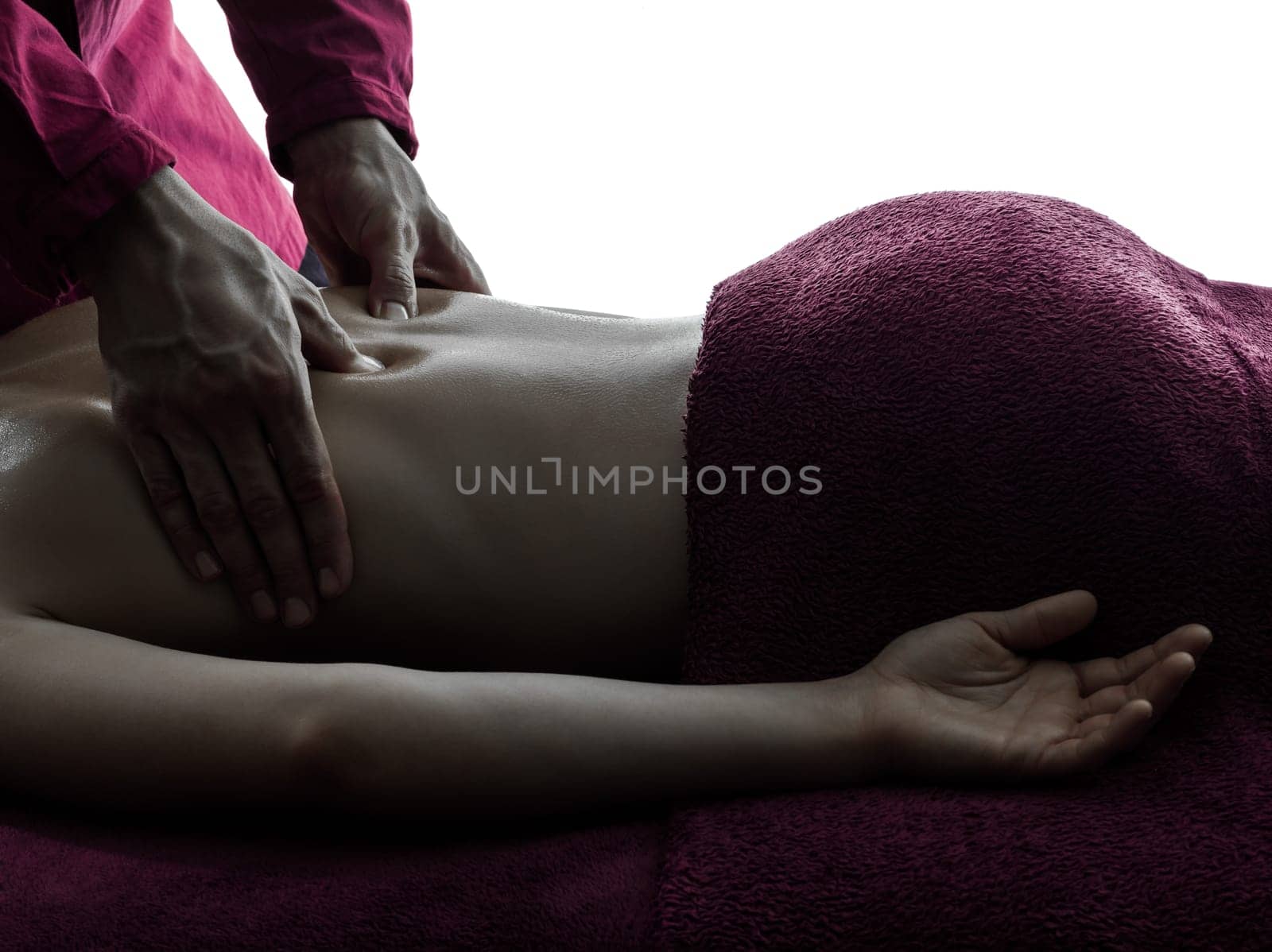 man woman back massage in silhouette studio on white background