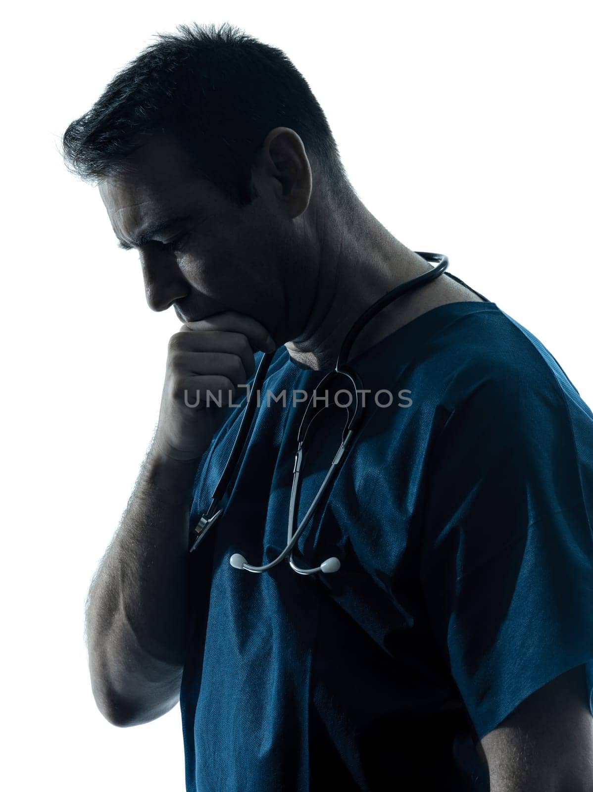 one caucasian man doctor surgeon medical worker portrait thinking silhouette isolated on white background