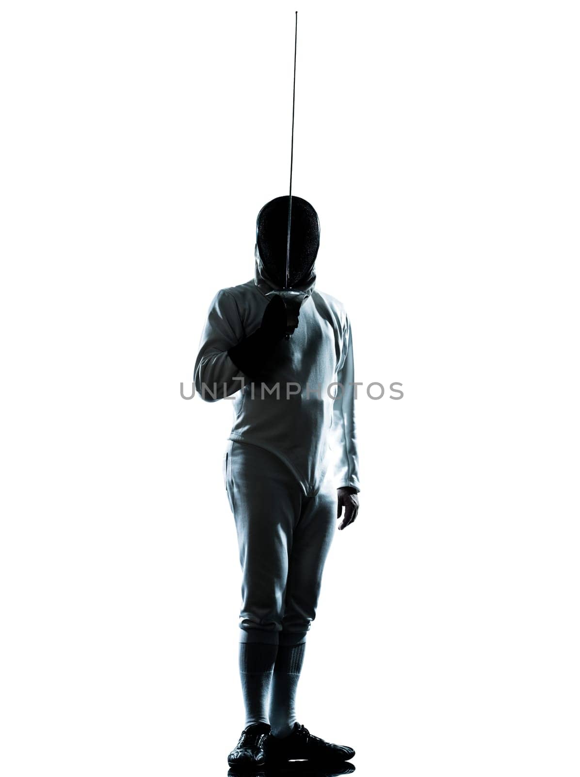 one man fencing saluting silhouette in studio isolated on white background