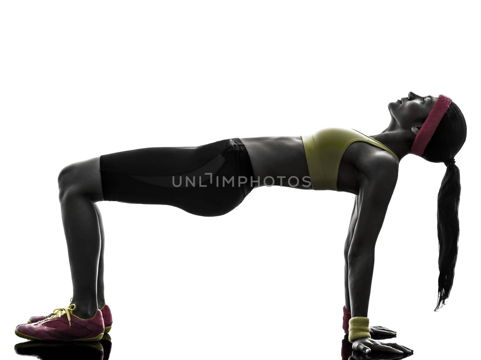 one woman exercising fitness in silhouette on white background