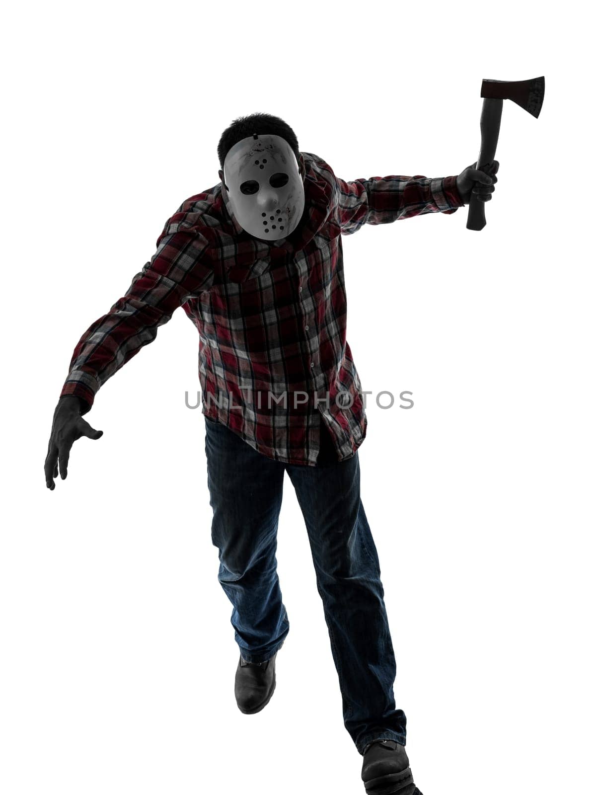 one caucasian man serial killer with mask full length in silhouette studio isolated on white background
