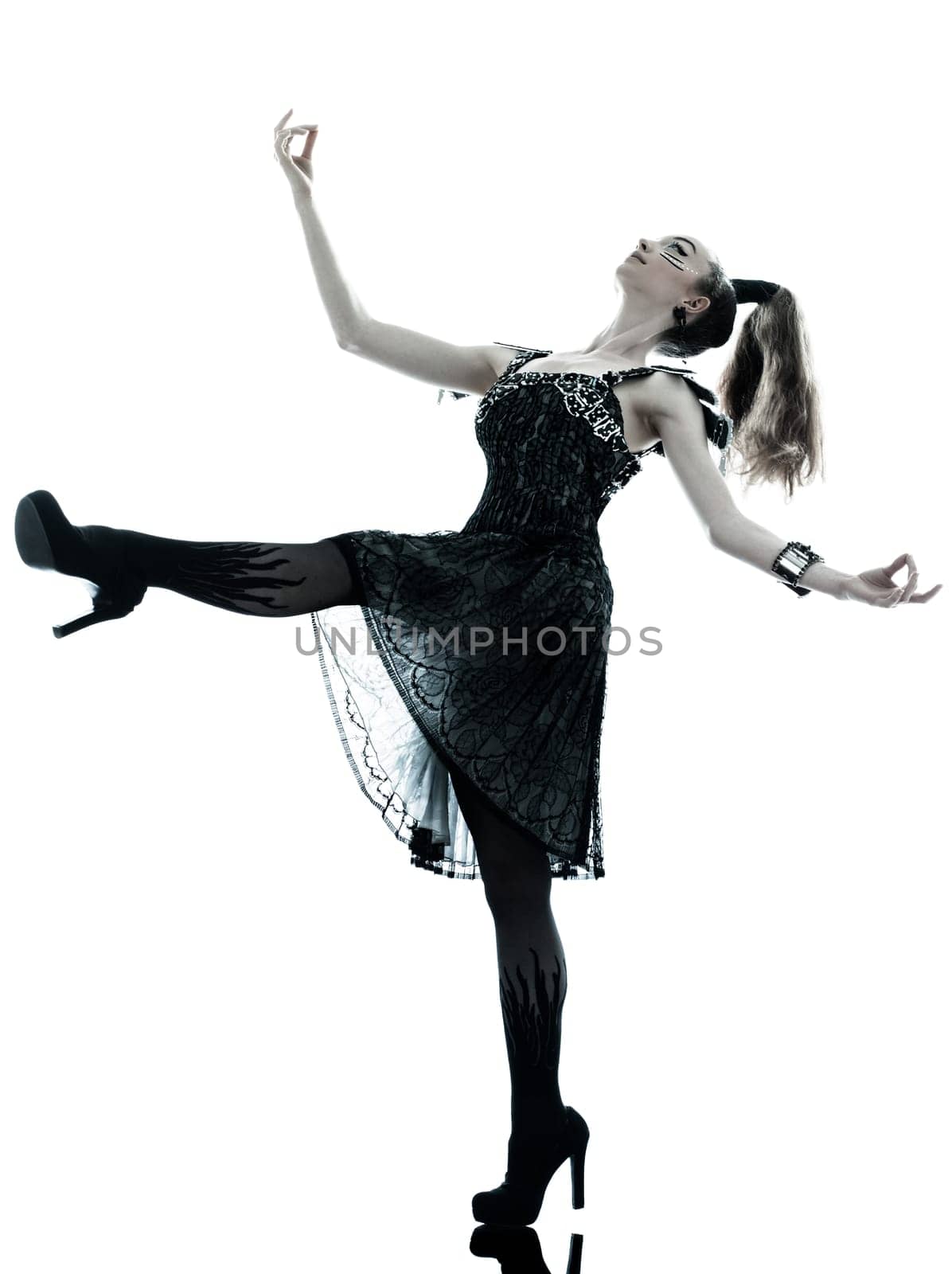 one young beautiful woman fashion model in on aura tout vu silk black fantasy haute couture summer dress in studio white background