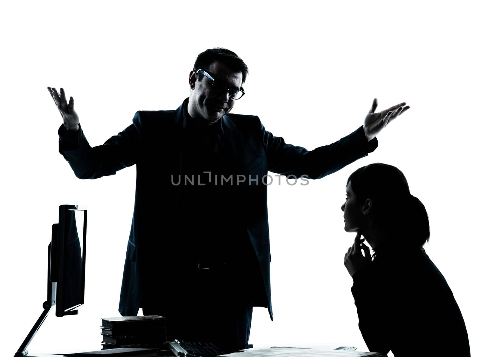 one man father professor and student teenager girl helping for homework in silhouette indoors isolated on white background