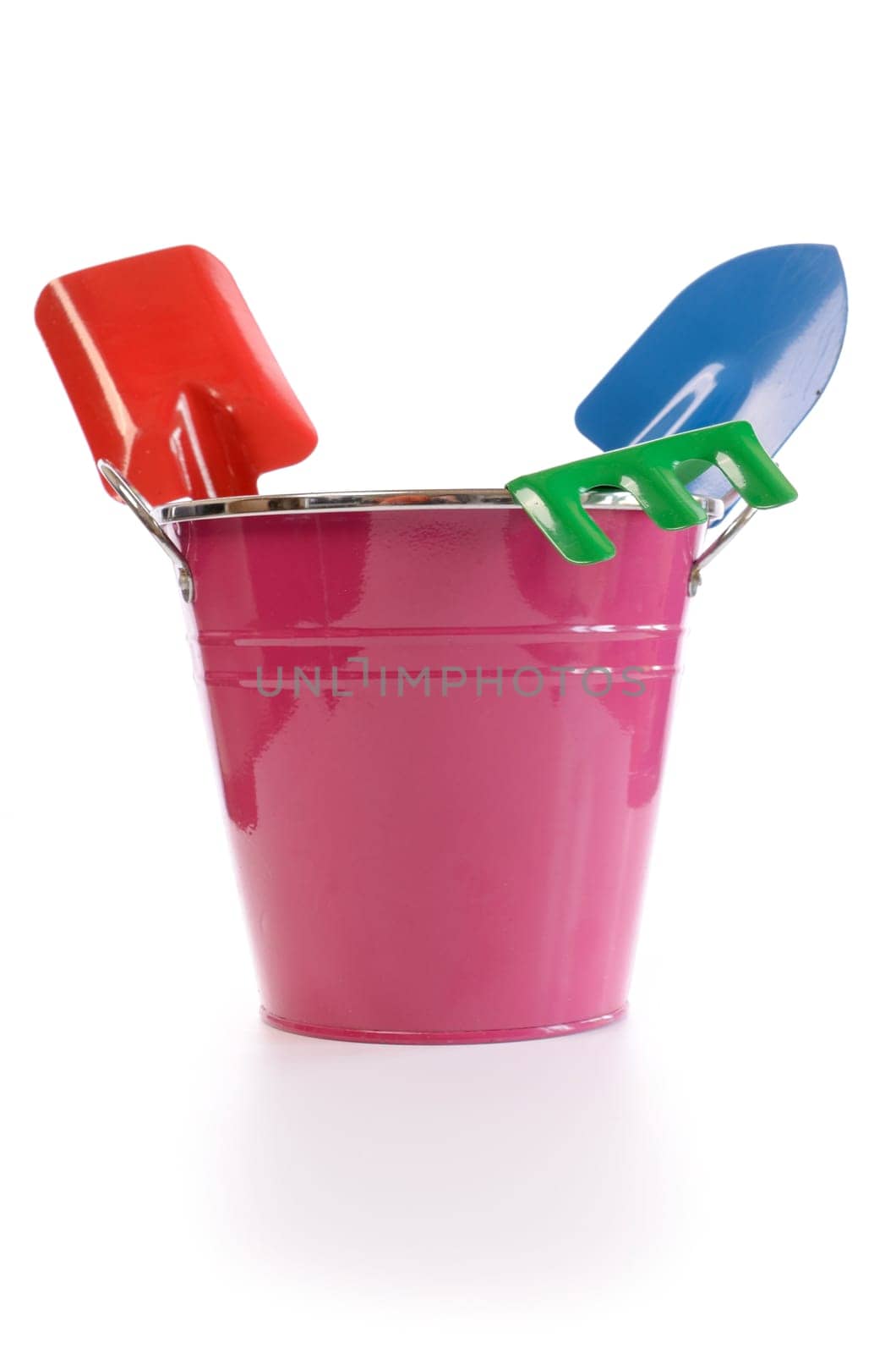 Gardening tools in a violet bucket on a white background