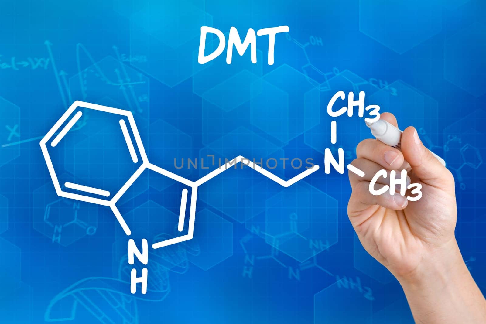 Hand draws chemical structural formula of DMT