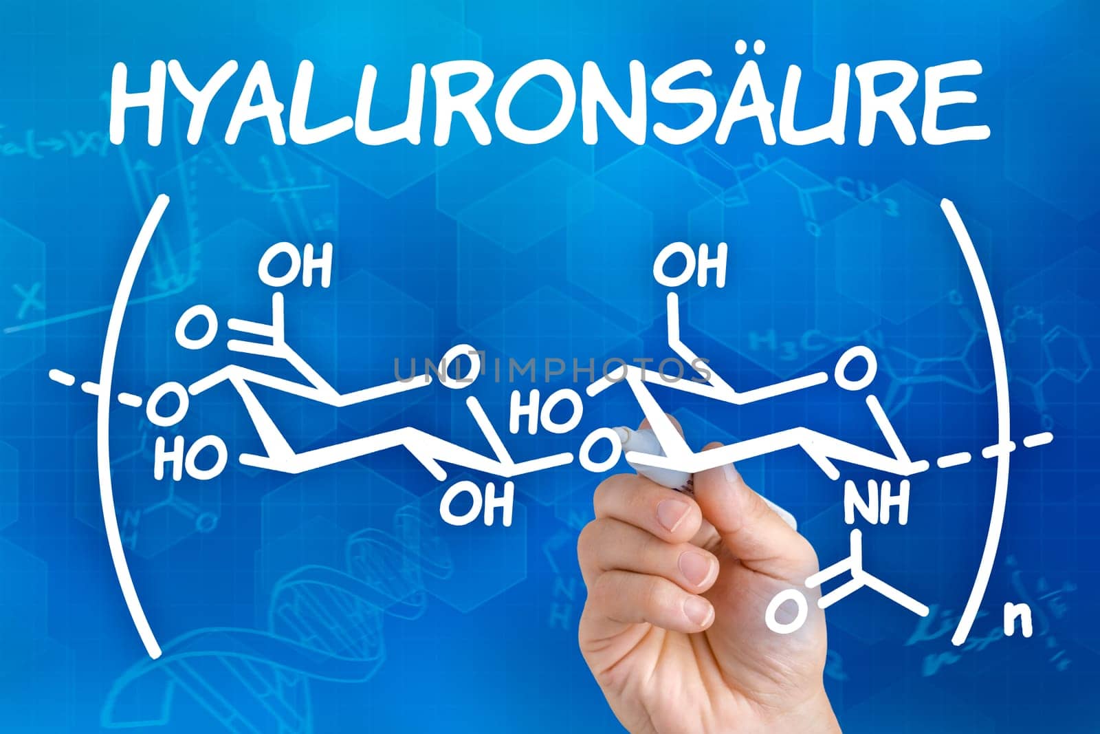 Hand draws chemical structural formula of hyaluronic acid