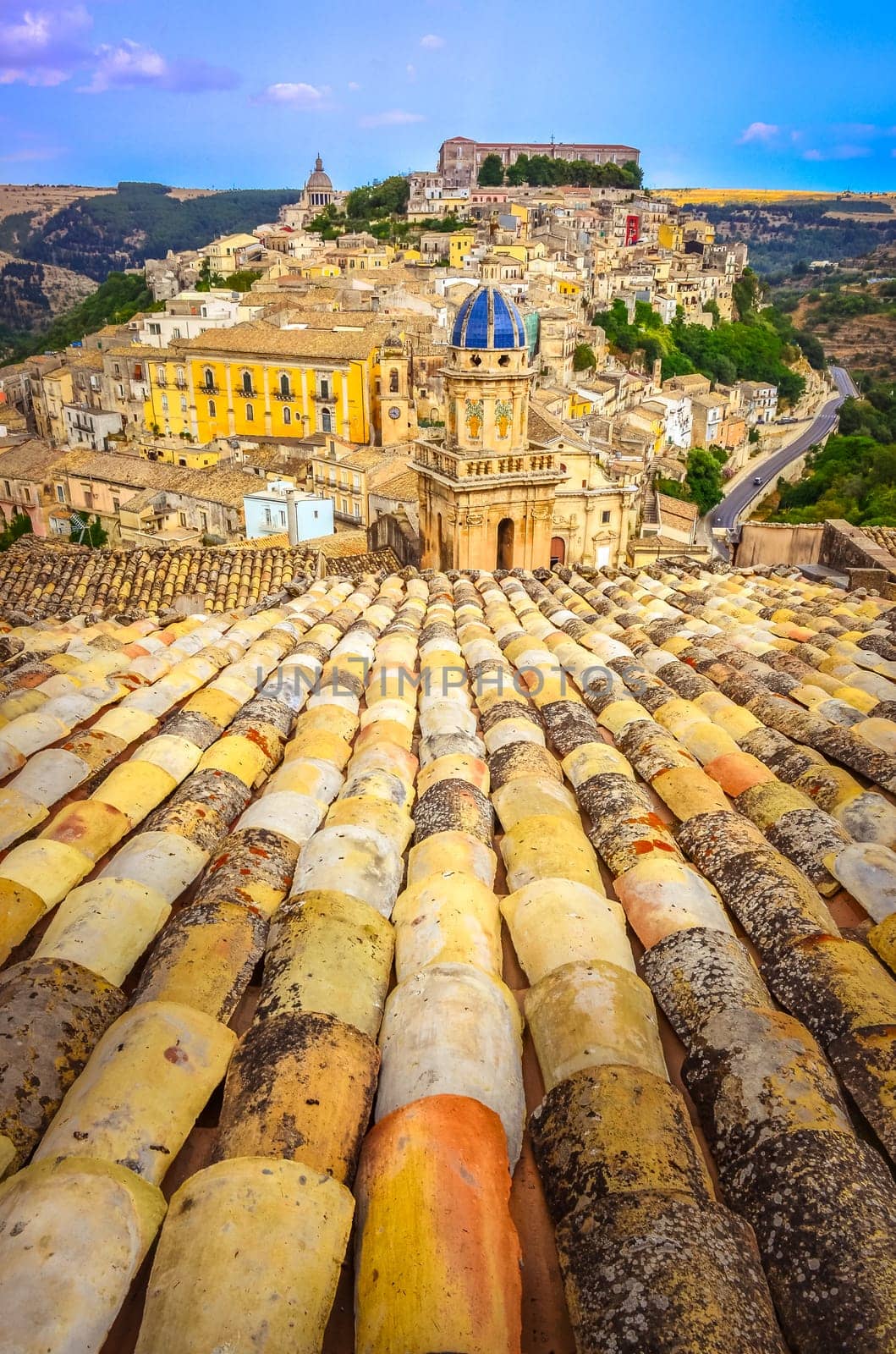 Vertical view of roofs and beautiful village Ragusa in Sicily, Italy