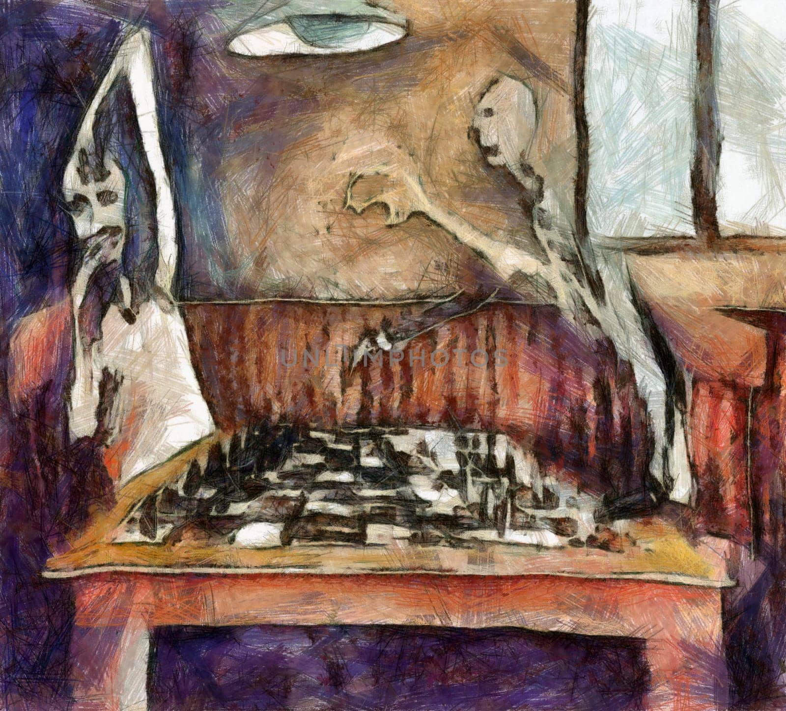 Painting Duel of the chess players - mixed media