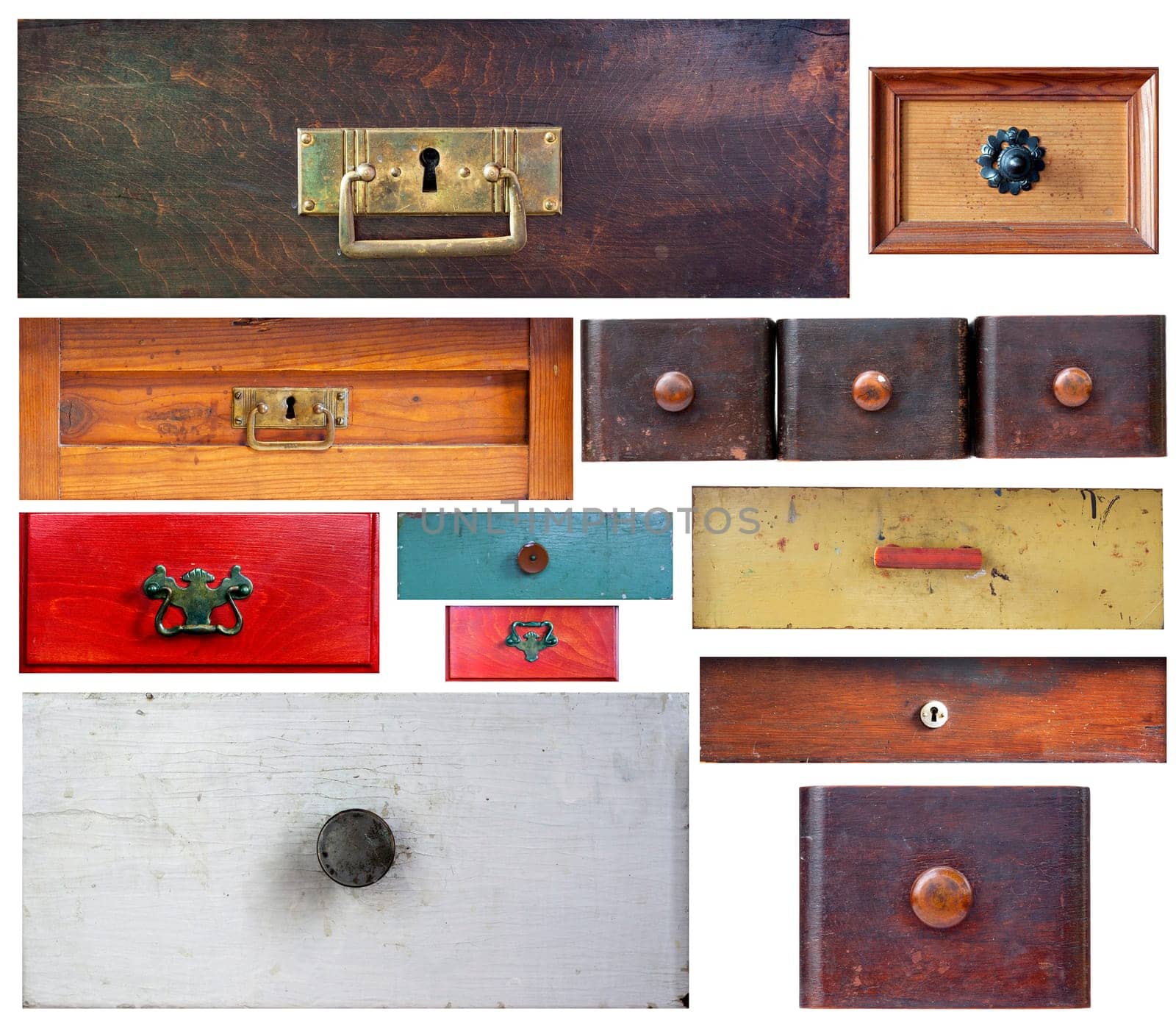 Abstract image of the various old drawers on white background
