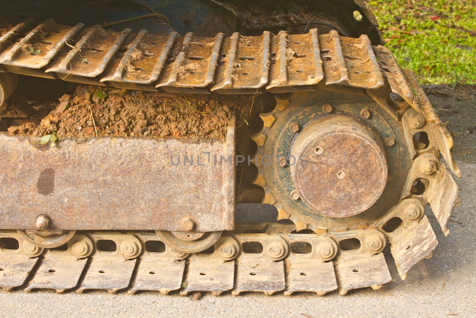 excavator tracks, Backhoe wheel located on site for constuction