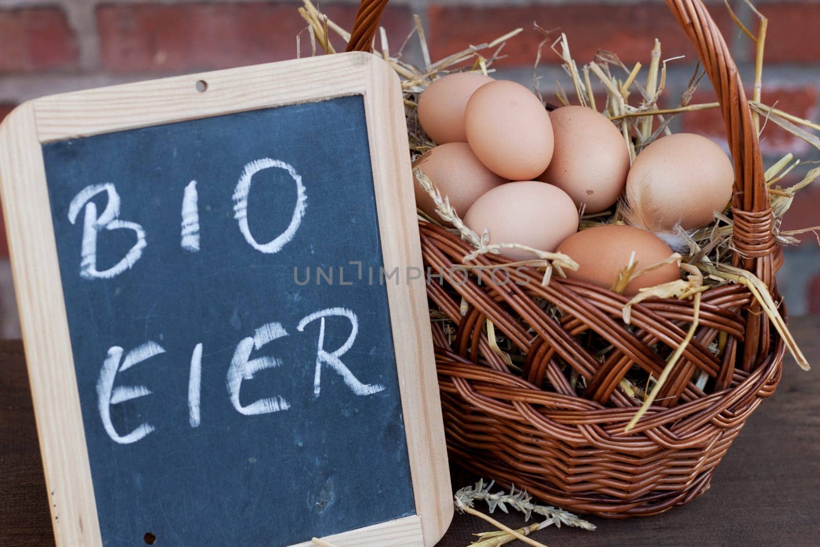 Organic eggs in a wicker basket