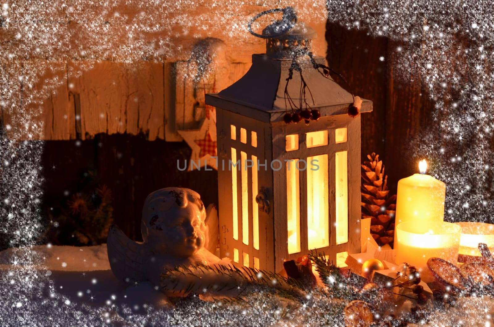 Lantern in the snow contemplative Christmas candlelight
