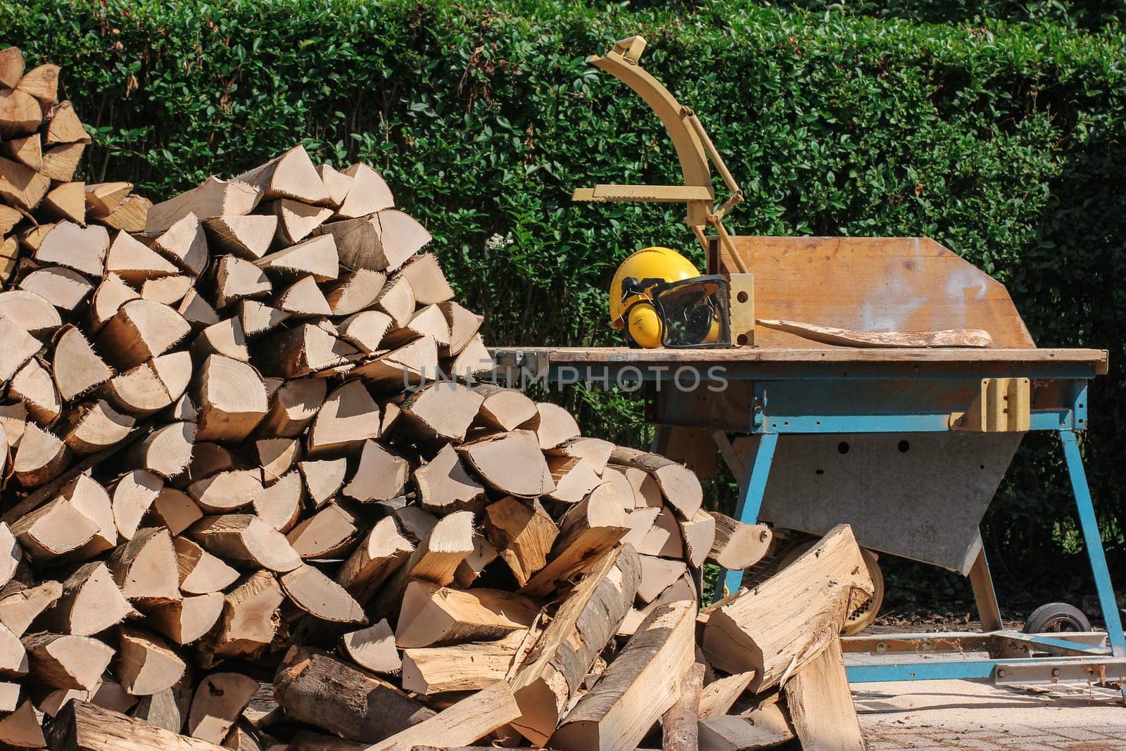 Circular saw with logs and forestry helmet
