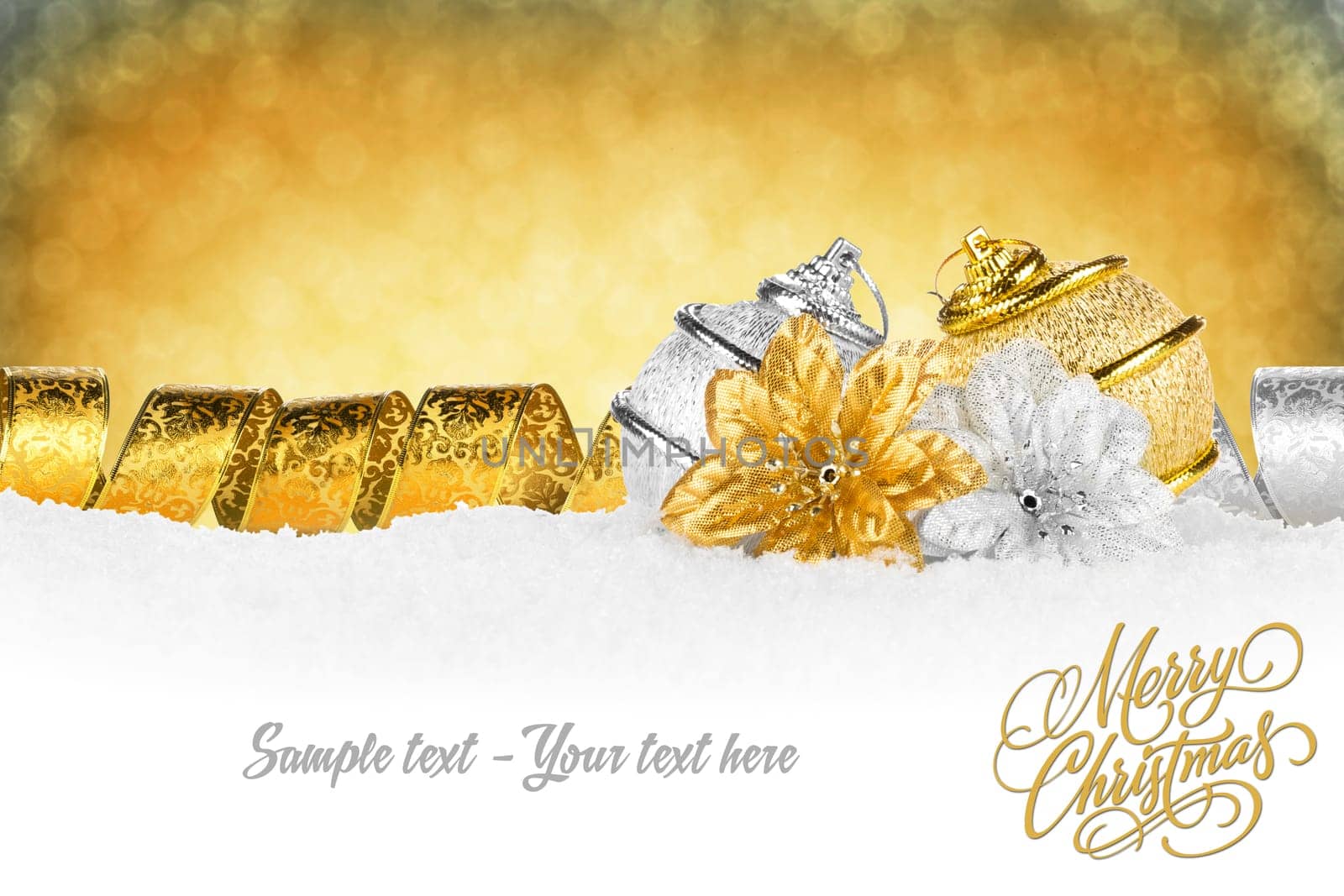 Gold Silver Christmas decoration on snow