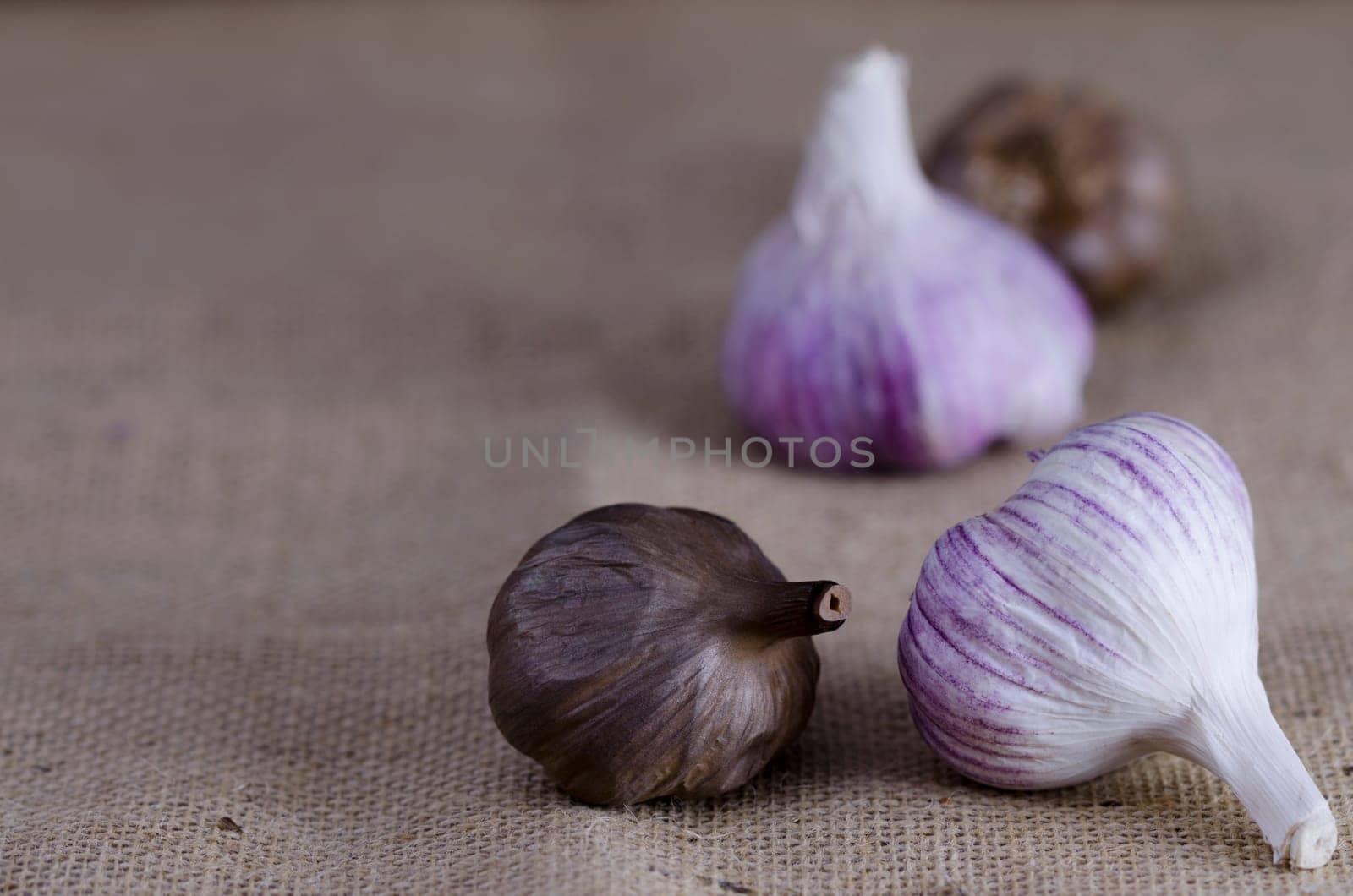 Group of fresh and smoked garlic bulbs on a sacking background