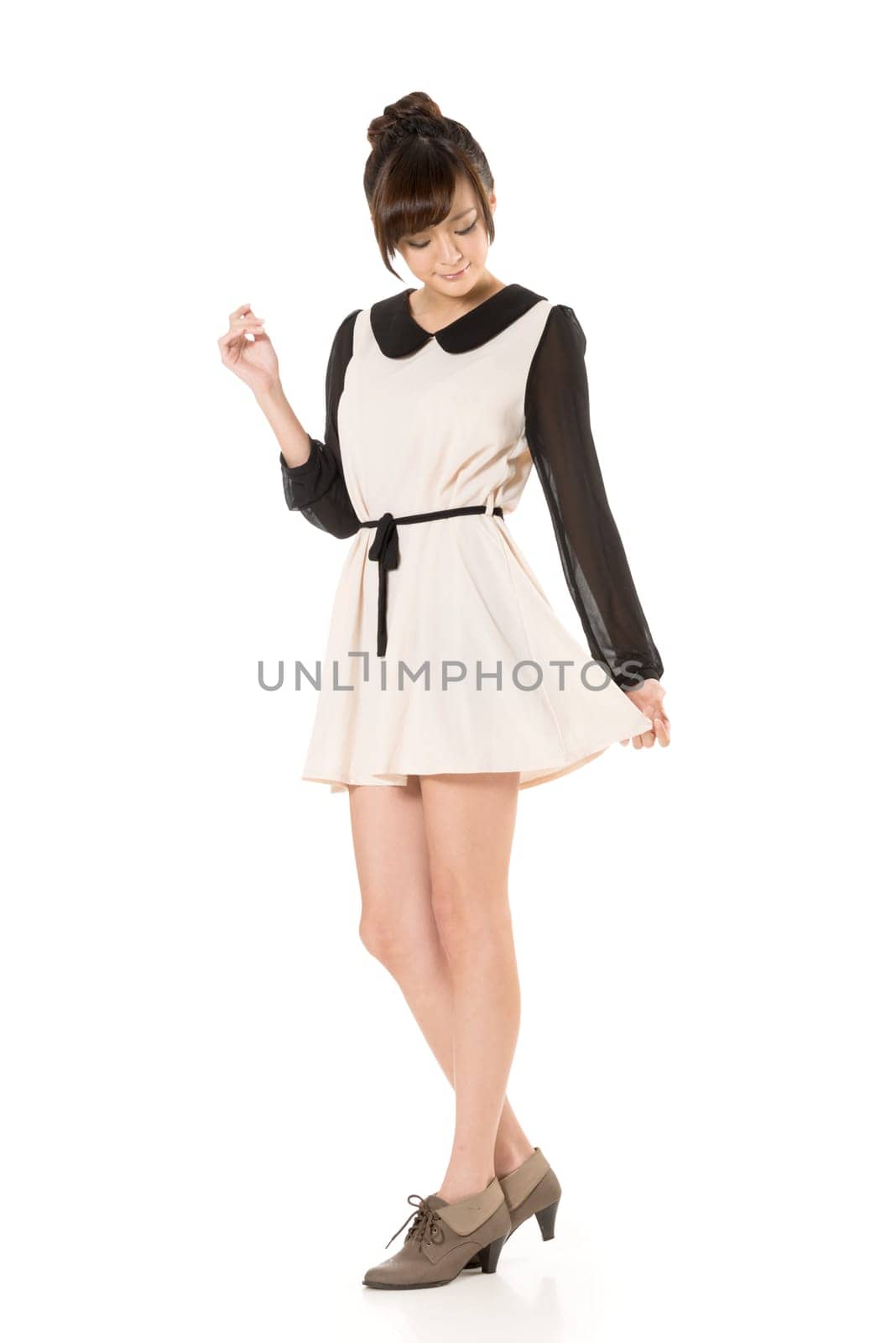 Asian beauty wear a spring dress, full length portrait isolated on white background.