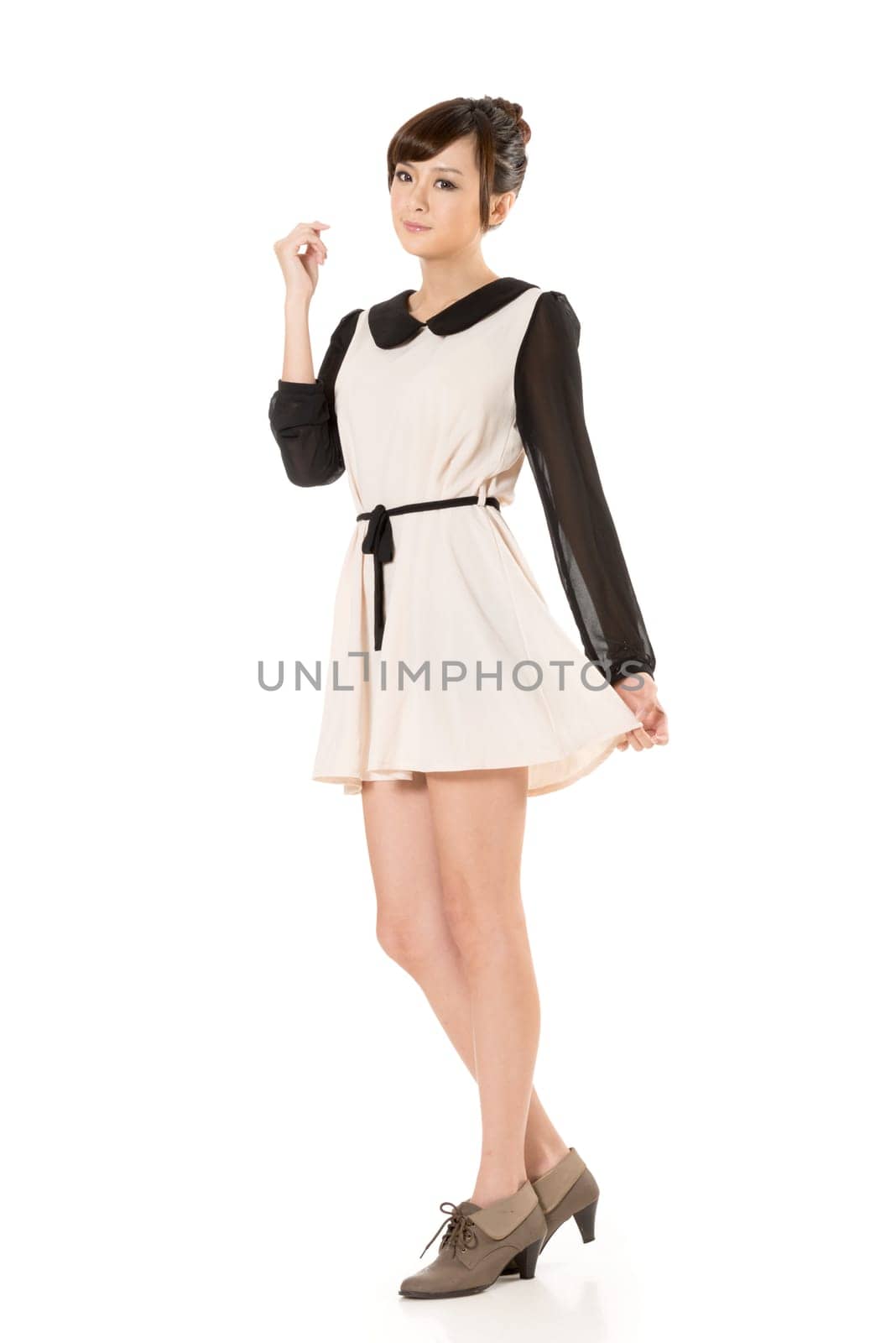 Asian beauty wear a spring dress, full length portrait isolated on white background.