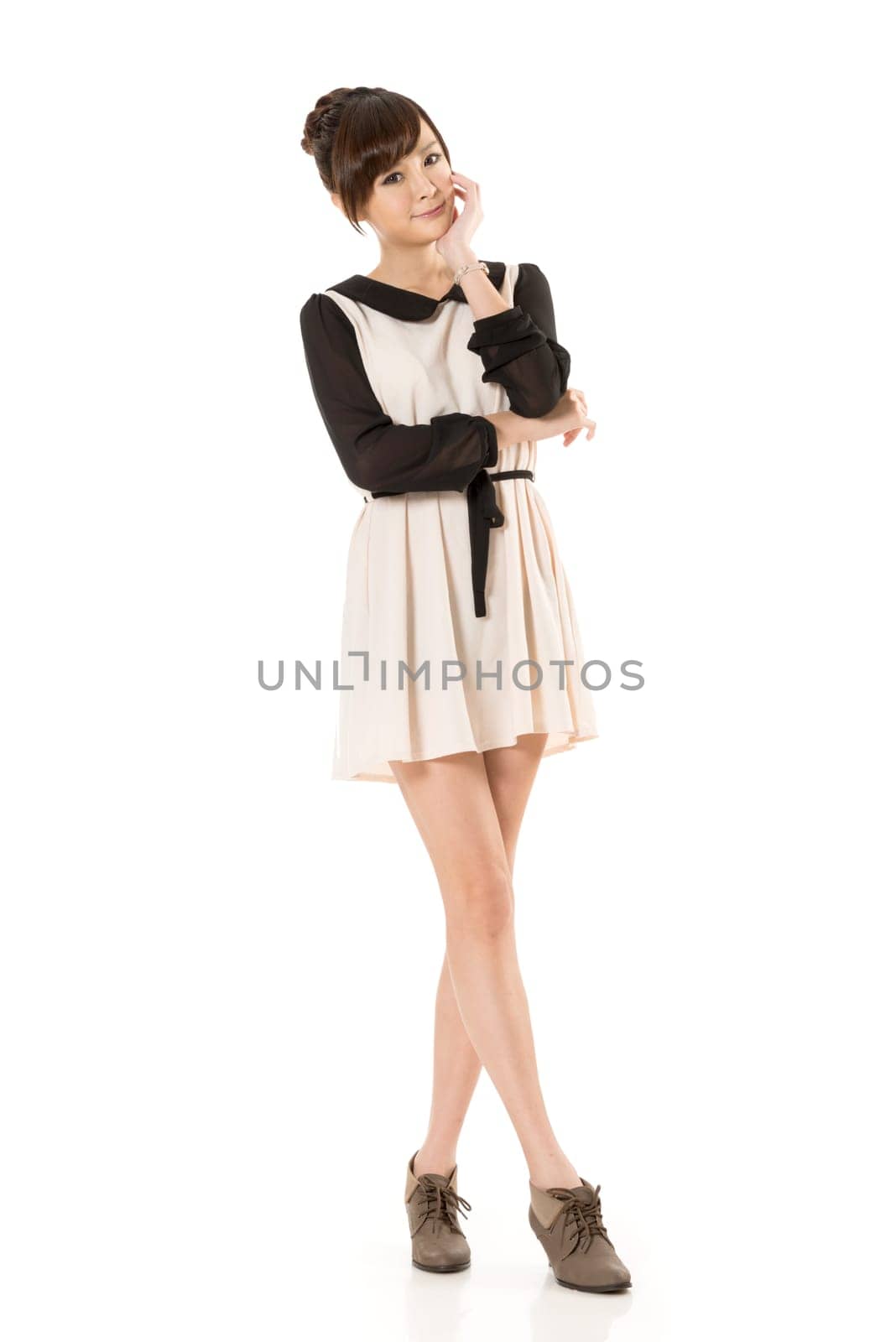 Asian beauty wear a spring dress, full length portrait isolated on white background.