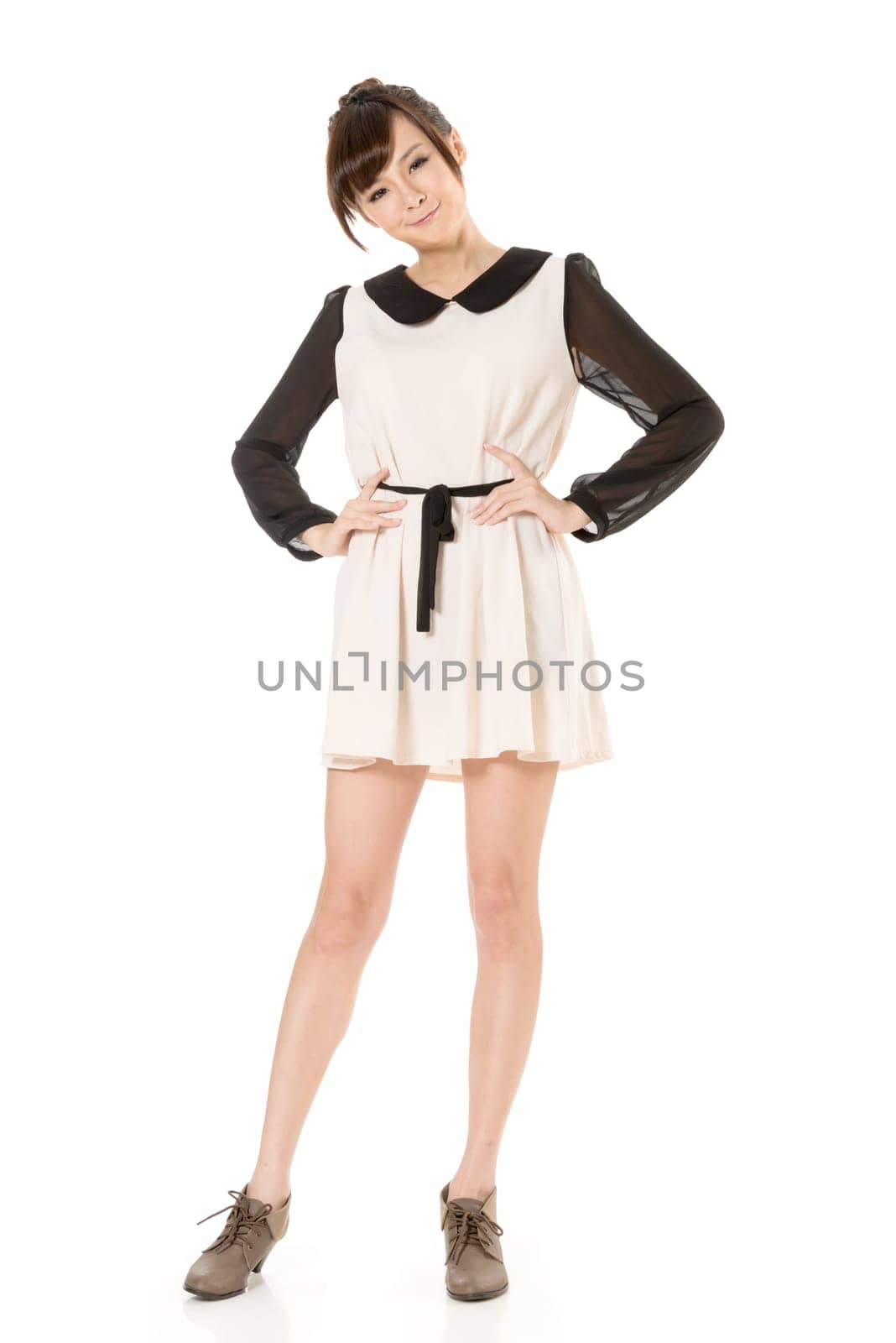 Asian beauty wear a spring dress, full length portrait isolated on white background.