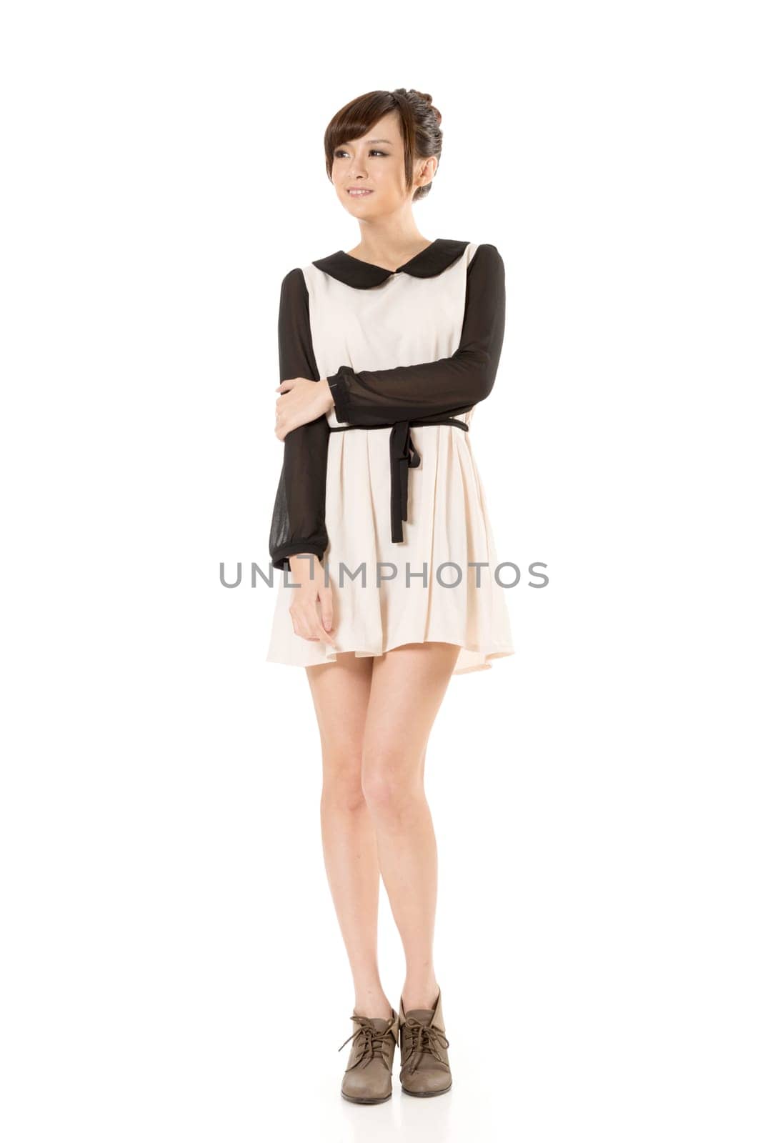 Asian beauty wear a spring dress, full length portrait isolated on white background.