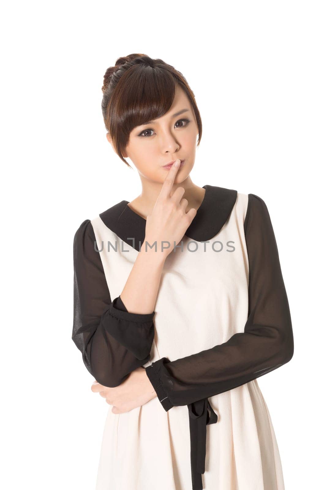 Asian beauty wear a spring dress, closeup portrait isolated on white background.
